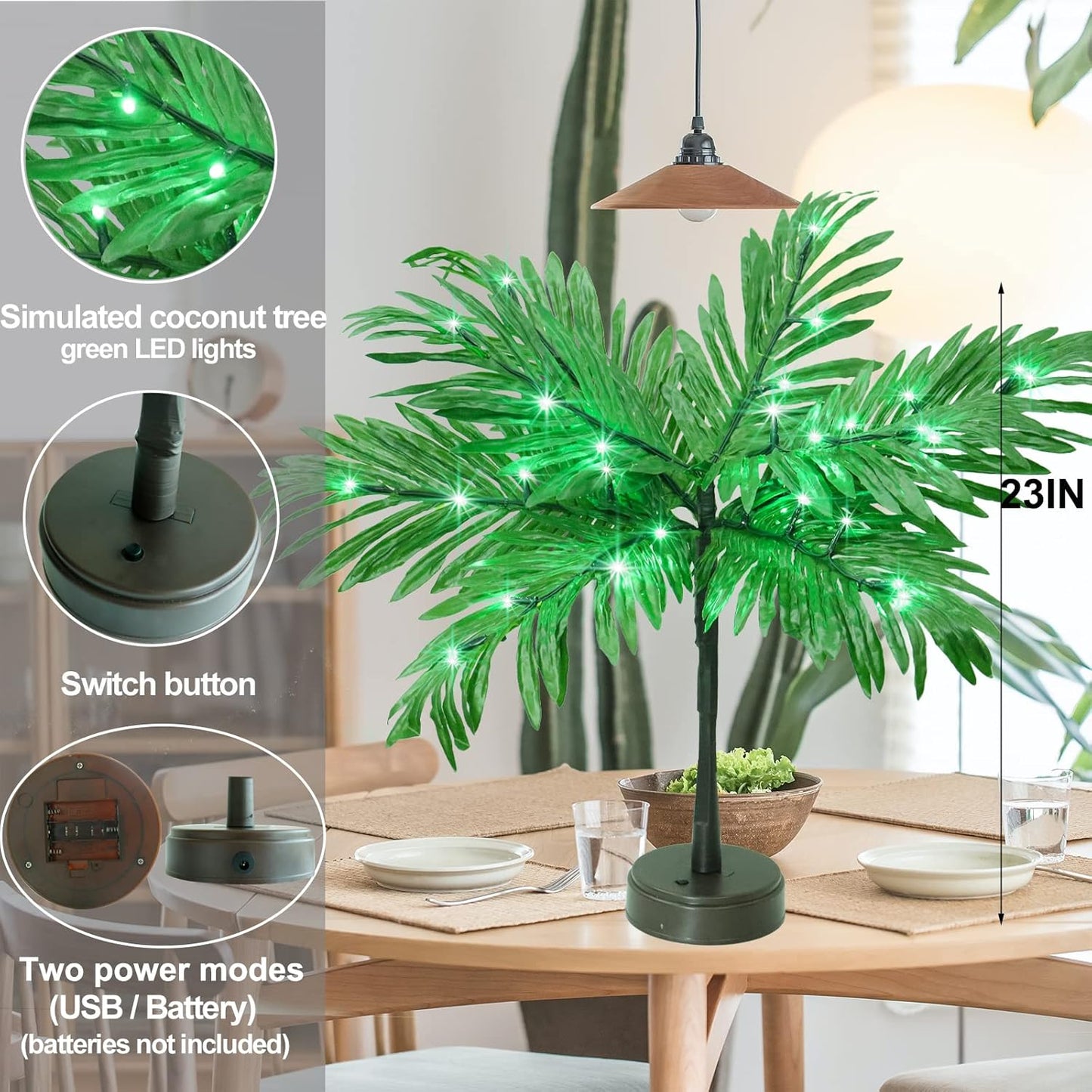 Luau Party Decorations Palm Tree with Lights, Lighted Palm Tree for Table Decor 23In Artificial Light Up Trees Green Table Centerpieces for Tropical Hawaiian Party Tiki Bar Home Summer Decor