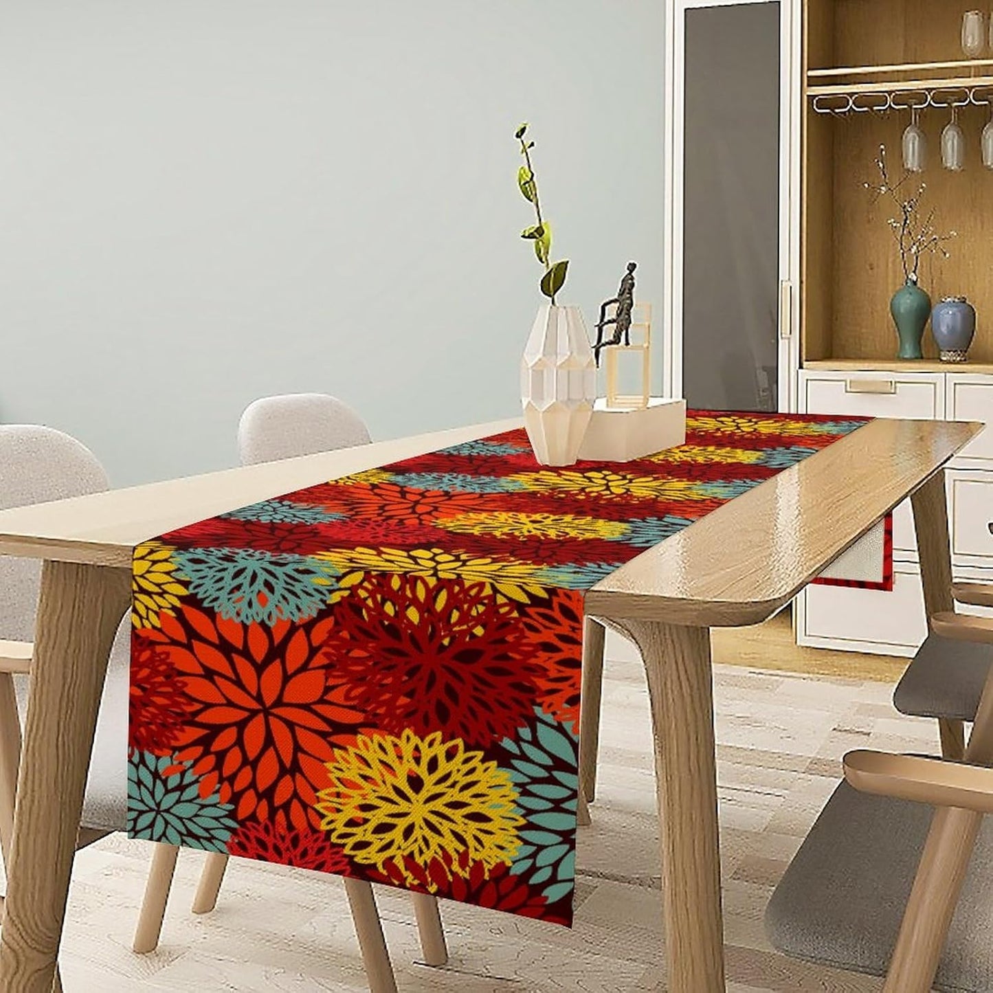Red Yellow Dahlia Table Runner, Seasonal Autumn Thanksgiving Pattern Print for Home Kitchen Table Decor Dining Coffee Room Party Decor 13x36 Inch