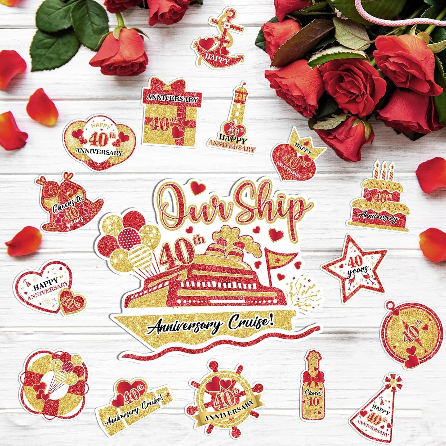 40th Anniversary Cruise Door Magnets Decorations Red Gold Happy 40th Anniversary Cruise Ship Door Decor Magnetic for Married in 1985 Men Women Wedding Party Refrigerator Fridge Car Kitchen Garage