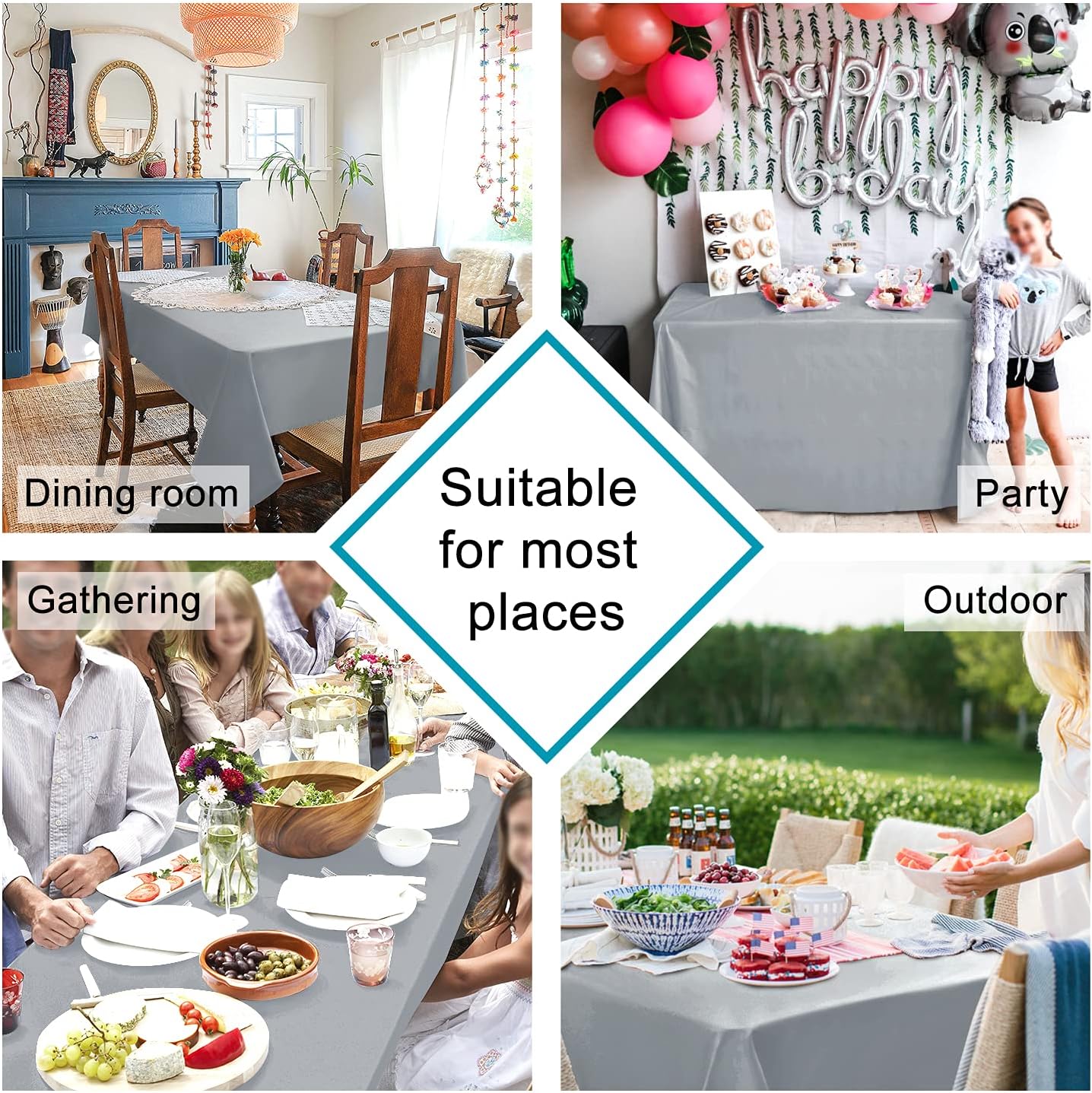 Hiasan Silver Grey Rectangle Tablecloth - Waterproof and Spillproof Washable Fabric Table Cloth for Dining Room Kitchen Party and Outdoor, 54 x 108 Inch
