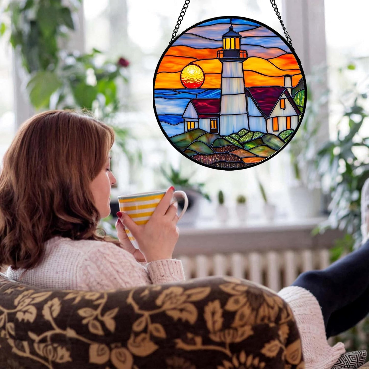 Stained Glass Window Hanging - Sea Lighthouse Suncatcher for Door Terrace Garden Home Decor Sunset Beach Scenery Sun Catcher Birthday Gifts for Lovers Women Men Dad Mom Nana 9.8 in