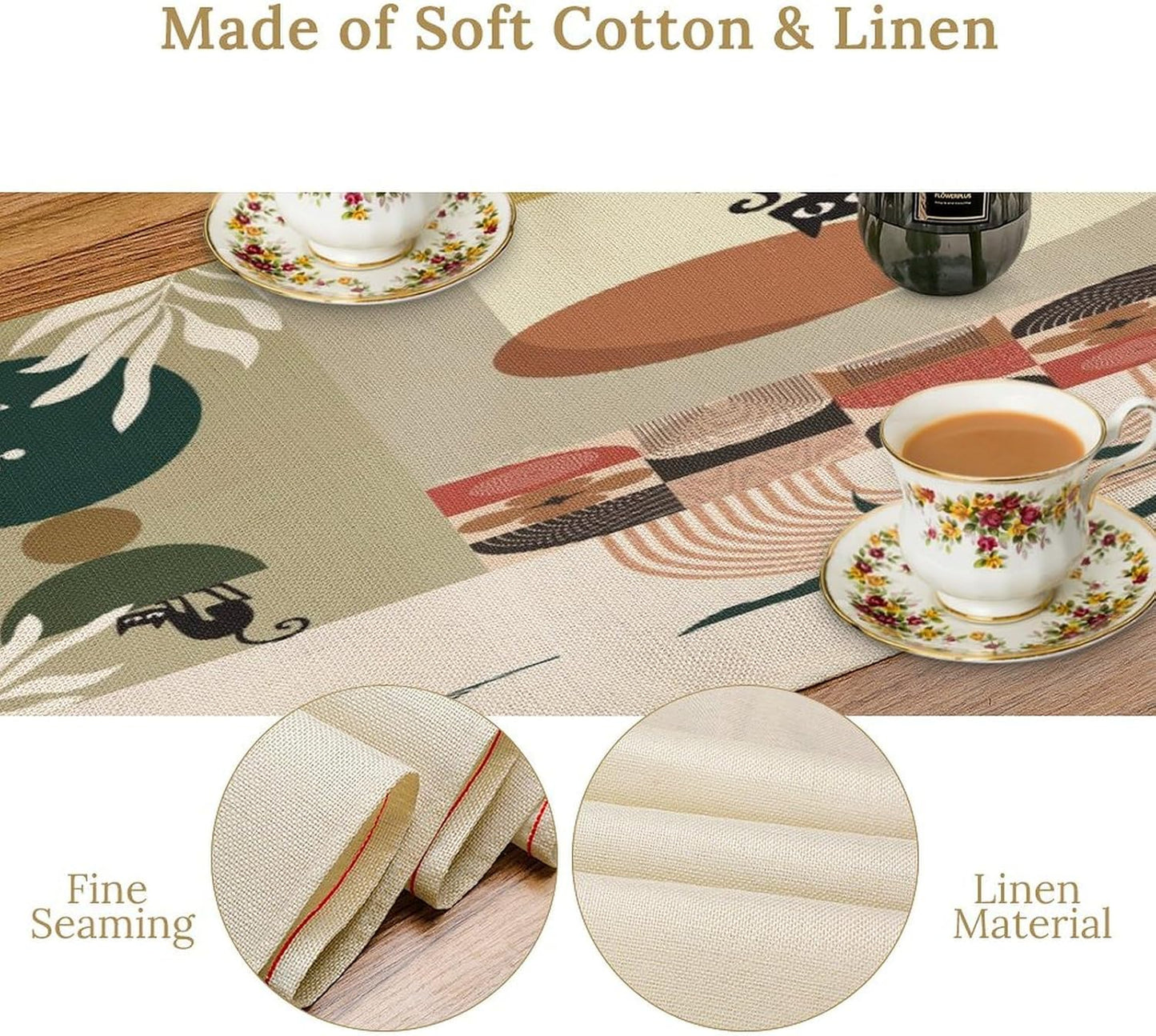 Mid Century Table Runner,Abstract Boho Plant Leaf Botanical Cat Modern Geometric Pattern Print Burlap for Hotel Indoors Outdoor Dining Room Kitchen Home Decor, 13x36in