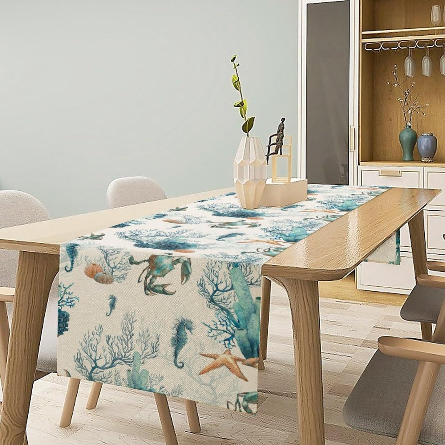 Nautical Coast Table Flag, Ocean Beach Seahorse Shell, Vintage Sailboat Lighthouse Anchor Table Decoration for Indoor and Outdoor Home Party Decor 13x36 Inch