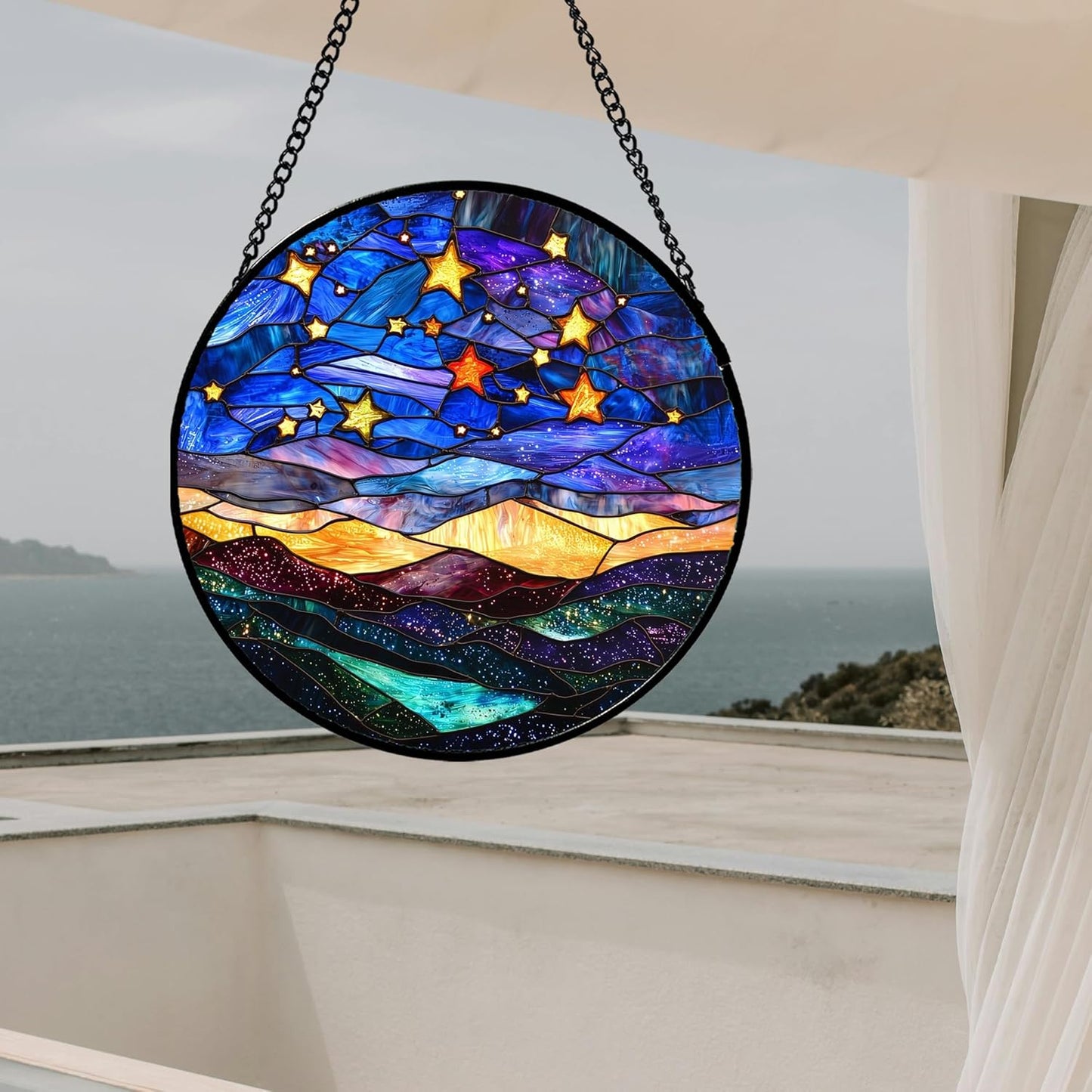 Stained Glass Window Hanging, Blue Sky Gold Stars Abstract Landscape Suncatcher for Doors Window Home Sun Catchers Decor Mother's Day Birthday Gifts for Women, Men Mom 6.3 in