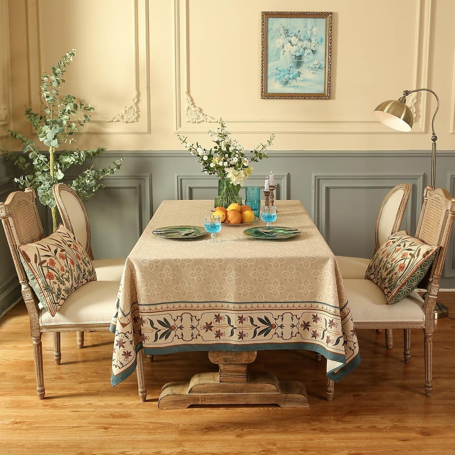 patdrea Designer Beige French Linen Tablecloth for Square Table,Anti-Wrinkle Durable Floral Table Cloth,Dacorative Cover for Kitchen Dining,Tea Party,Christmas,Thanksgiving,67"x67"-Fram