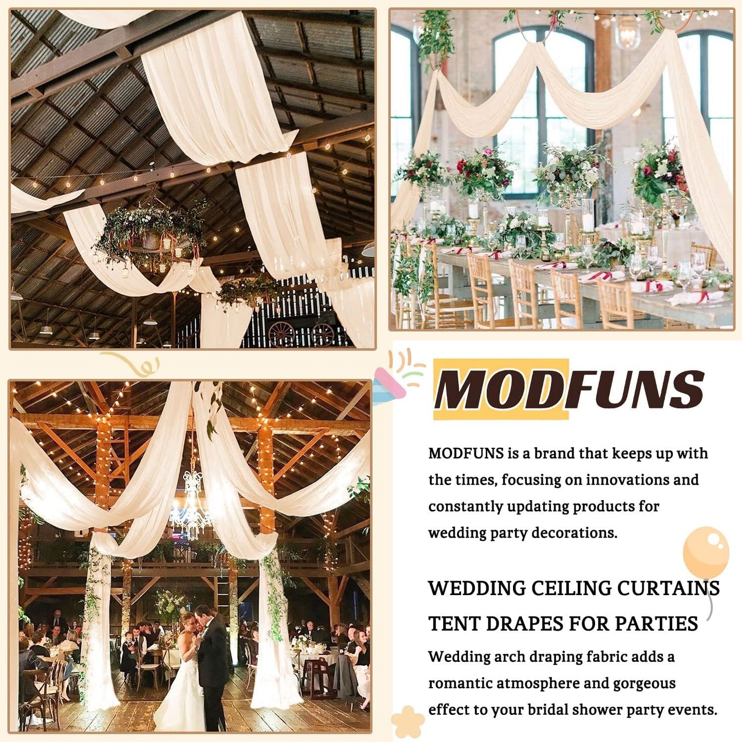 MODFUNS Champagne Ceiling Drapes for Parties 2 Panels 5FTx20FT Sheer Fabric for Draping Chiffon Curtain Ceiling Backdrop Wedding Arch Drapes Fabric Tulle Wedding Curtains Banquet Hall Tent Drapery