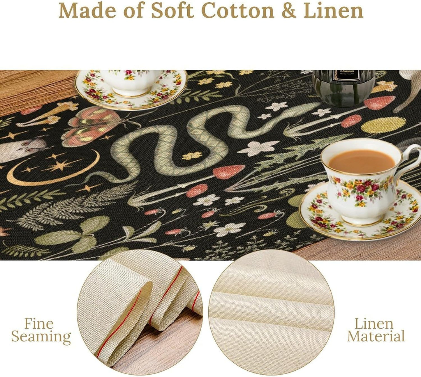 Mushroom Table Runner,Vintage Boho Forest Wild Animal Wildflower Botanical Plants Pattern Print Burlap Hotel Indoors Outdoor Dining Room Kitchen Holiday Party, 13x36in