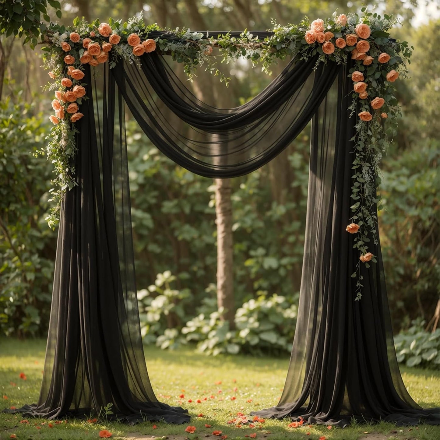 Wedding Arch Draping Fabric,2 Panels 18FT Black Sheer Chiffon Curtain Drapes 6 Yards for Wedding Ceremony Birthday Party Decoration
