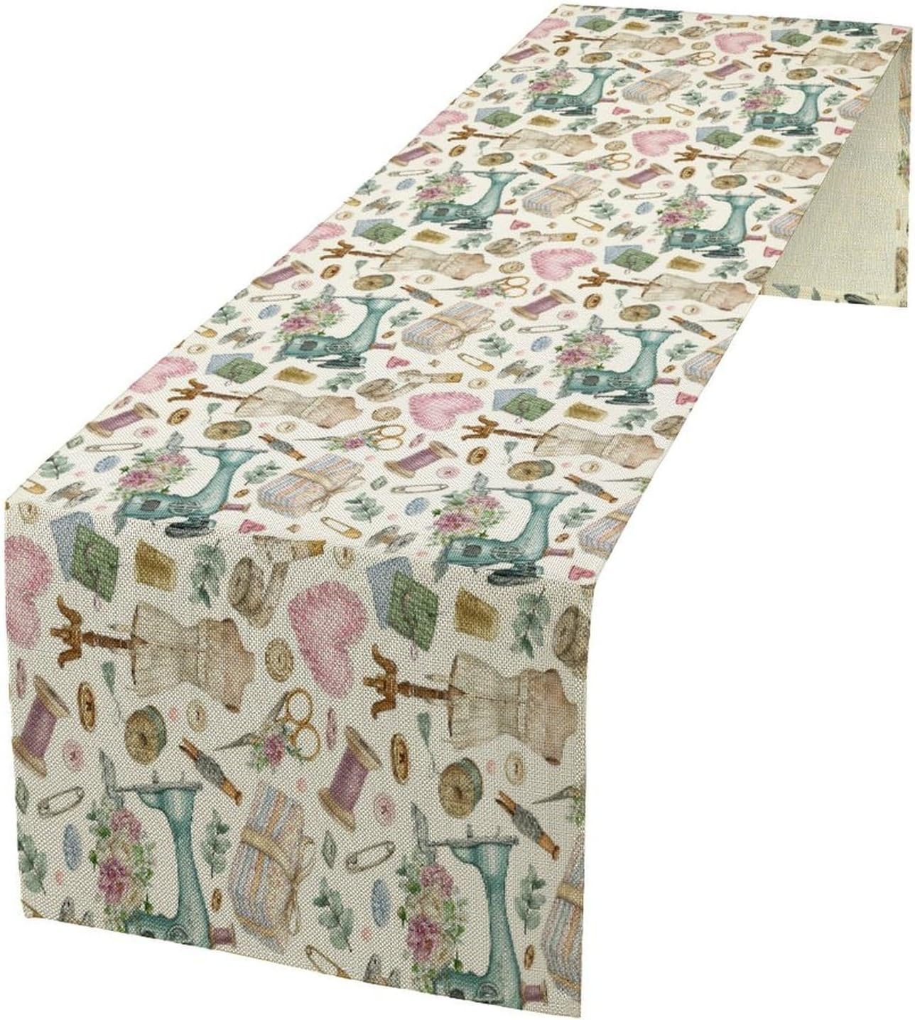Sewing Theme Table Runner,Vintage Sewing Machine Tool Watercolor Pattern Print Tablecloth Burlap for Hotel Indoors Outdoor Dining Room Kitchen Home Decor,W13X L70 in