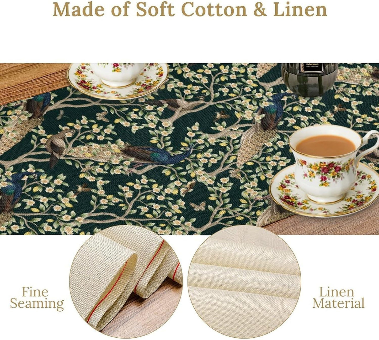 Peacock Table Runner,Retro Floral Plants Peacock Table Runner for Home Kitchen Dining Party Indoor Outdoor Decoration 13x70 Inch