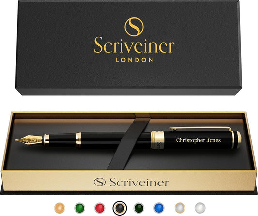 Scriveiner Personalized Black Fountain Pen - Stunning Luxury Pen, Jet Black Lacquer, Real Gold Plating, German Schmidt Nib (Medium), Best Engraved Gift Set for Men & Women, Name Engraving