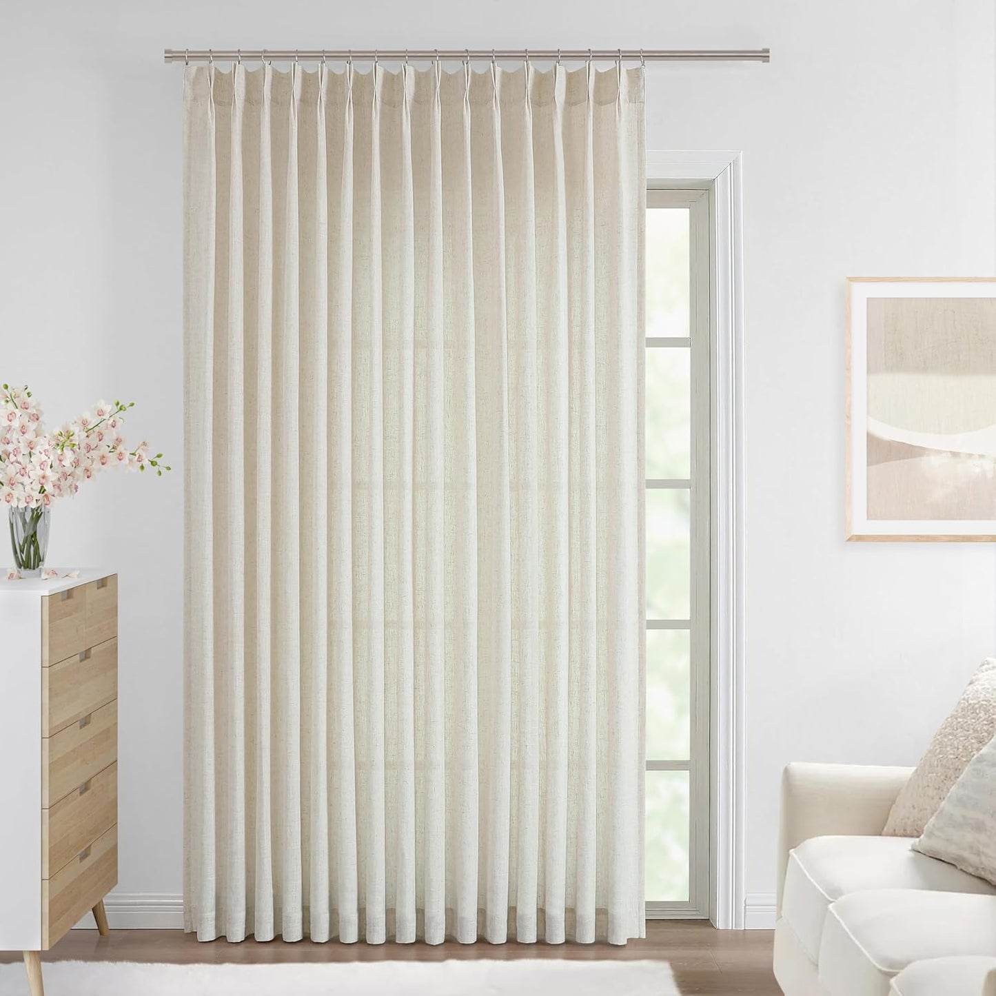 Vision Home Natural Pinch Pleated Semi Sheer Curtains Textured Linen Blended Light Filtering Window Curtains 112 inch for Living Room Bedroom Patio Pinch Pleat Drapes with Hooks 1 Panel 84" Wx112 L