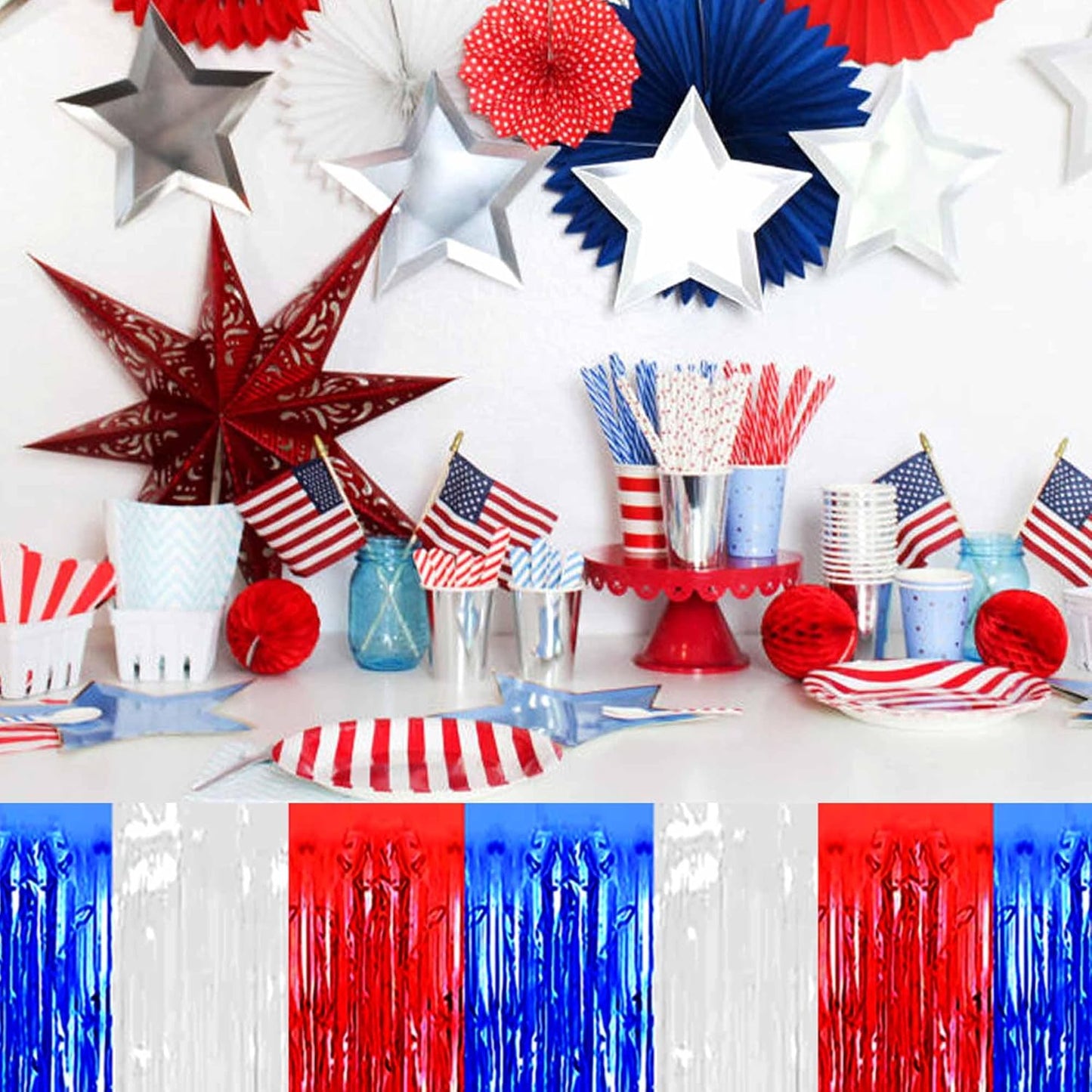 3 Pack White Blue Red Foil Fringe Table Skirts Metallic Tinsel Streamers Garland Banner Backdrop for Table Decor, Parade Float, Birthday, Wedding, Halloween, Christmas Party Decorations(29x108 In)