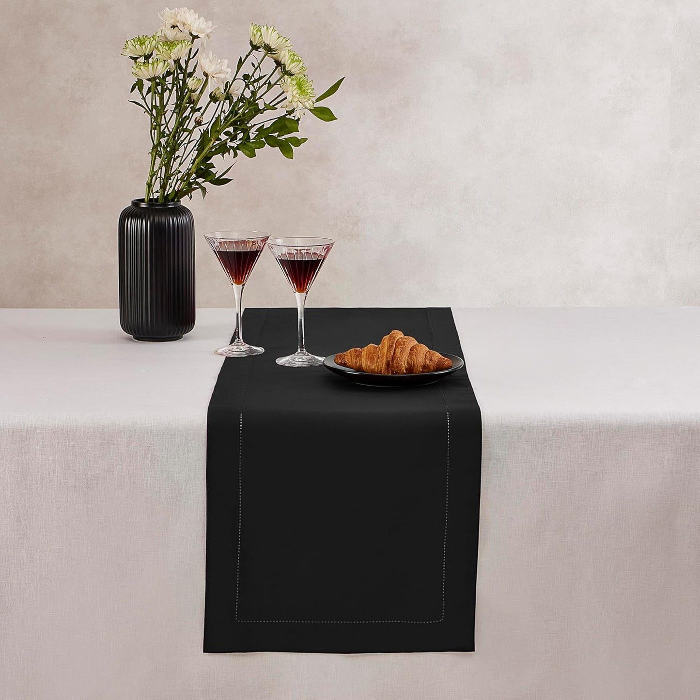Black Table Runner 72 Inch – Cotton Linen Hemstitch Farmhouse Table Runner 14x72– Washable Fabric for Dining, Fall, Halloween, Thanksgiving, Spring, Summer, Wedding, Everyday Décor – Serena