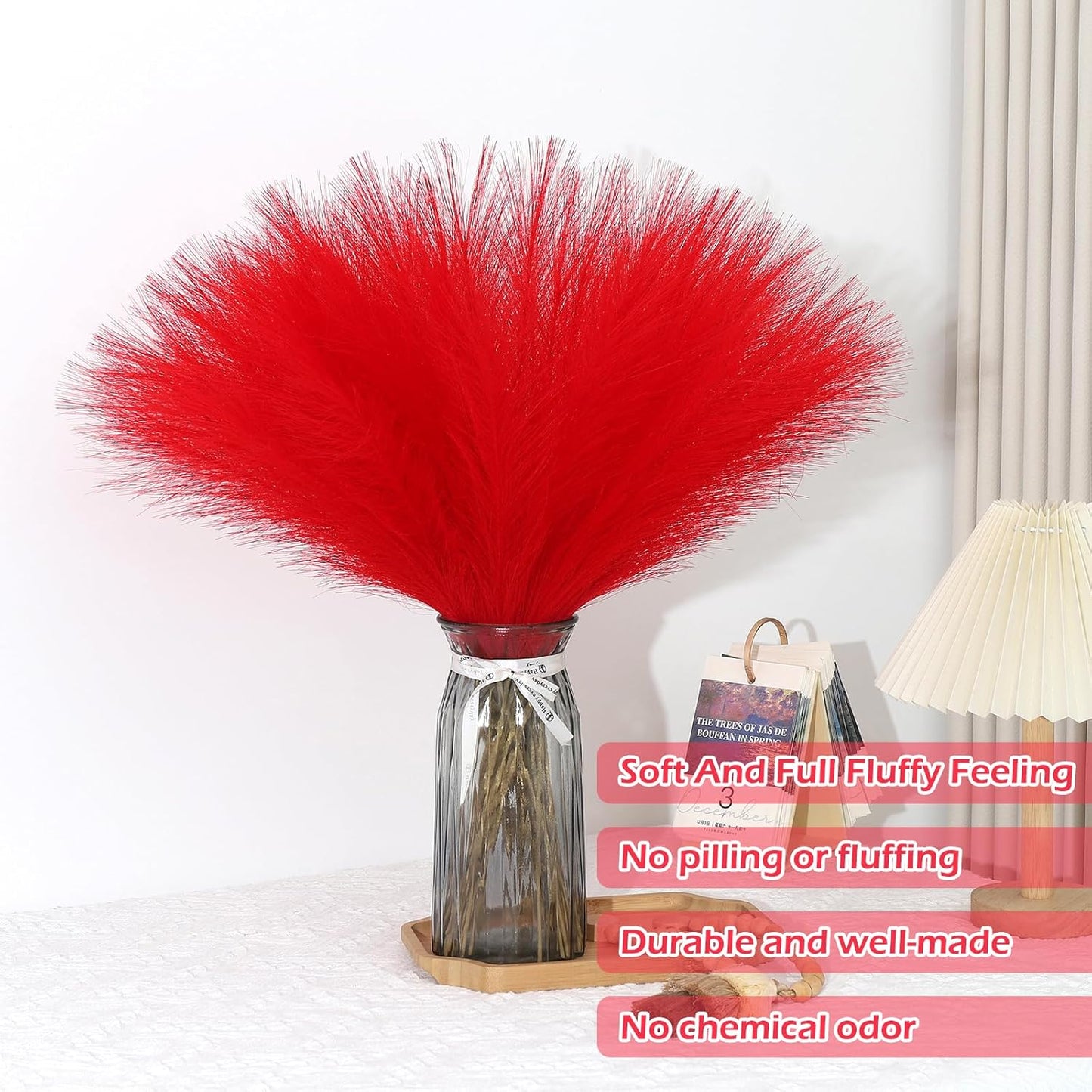 Red Pampas Grass Decor 30 Pcs 21.7 Inch Faux Pampas Grass Bulk Artificial Dried Flowers Small Vase Filler Pompas Grass.