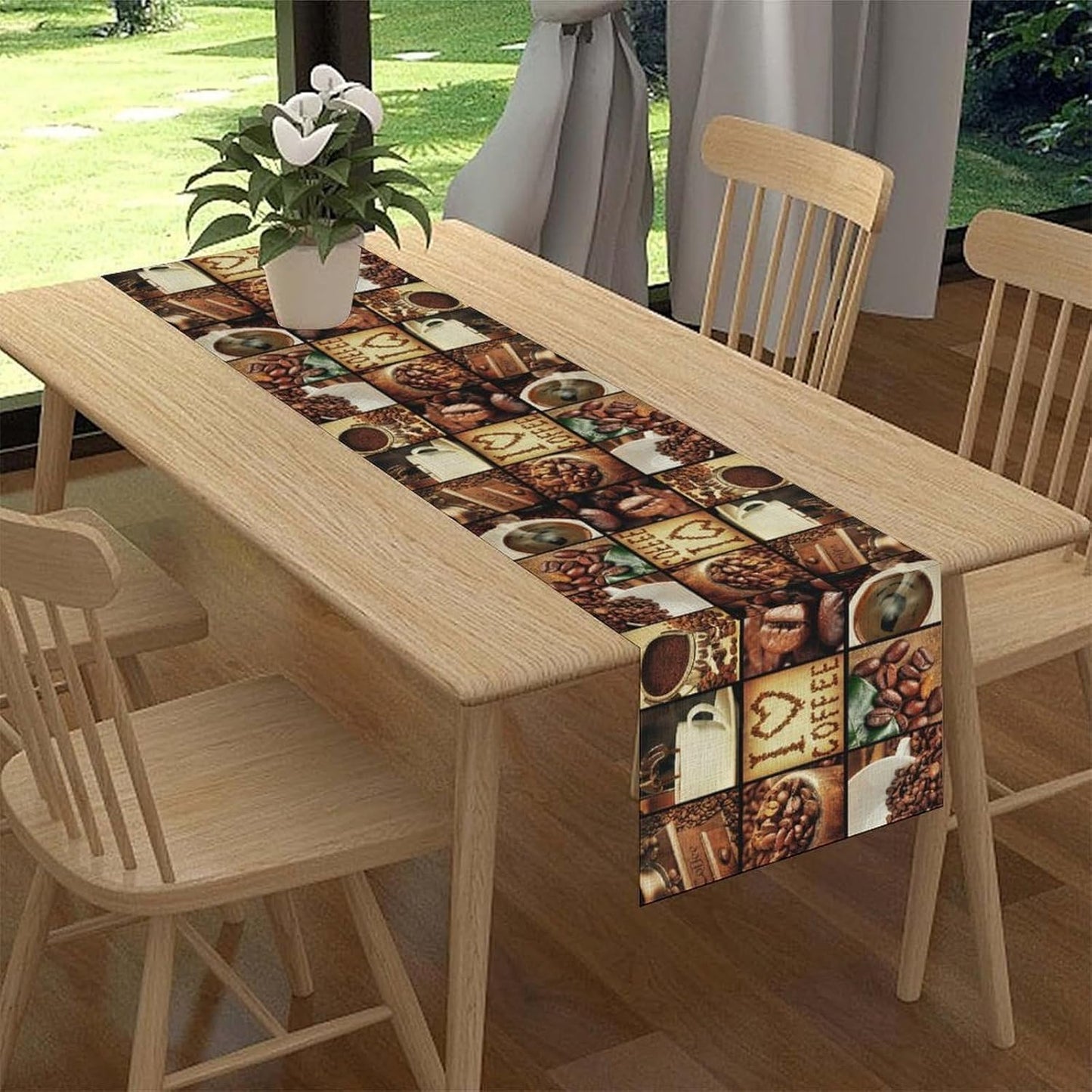 Coffee Theme Table Runner, Retro Farmhouse Coffee Cup Latte Cappuccino Tea Party Cafe Table Center Decor for Home Kitchen Dining Patio Holiday Party Indoor Outdoor Table Decorations,13"x72" Inch