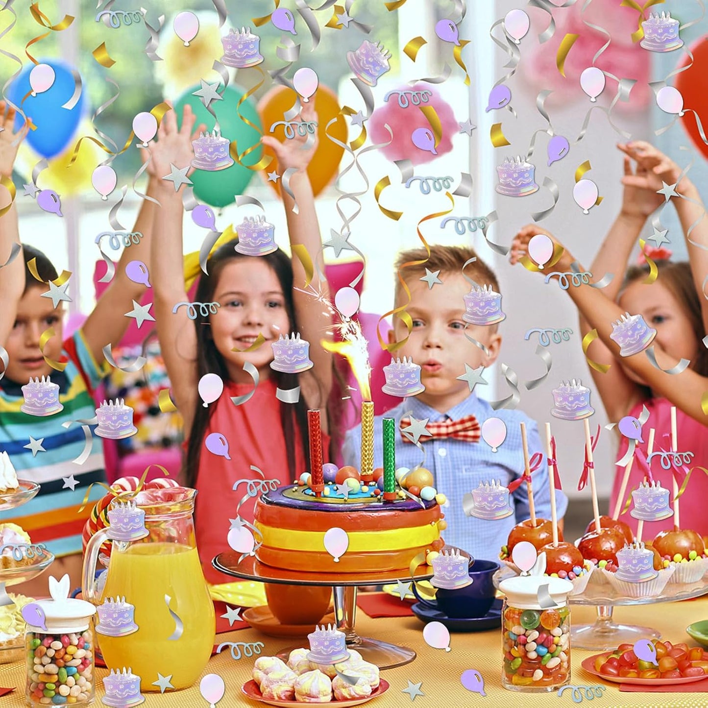 VHUWE Happy Birthday Confetti, 1.6 oz Laser Silver Cake Balloon Star Goblet Bottle Swirl Glitter Confetti for Boys Girls Kids Women Men Happy Birthday Party Table Decorations Supplies