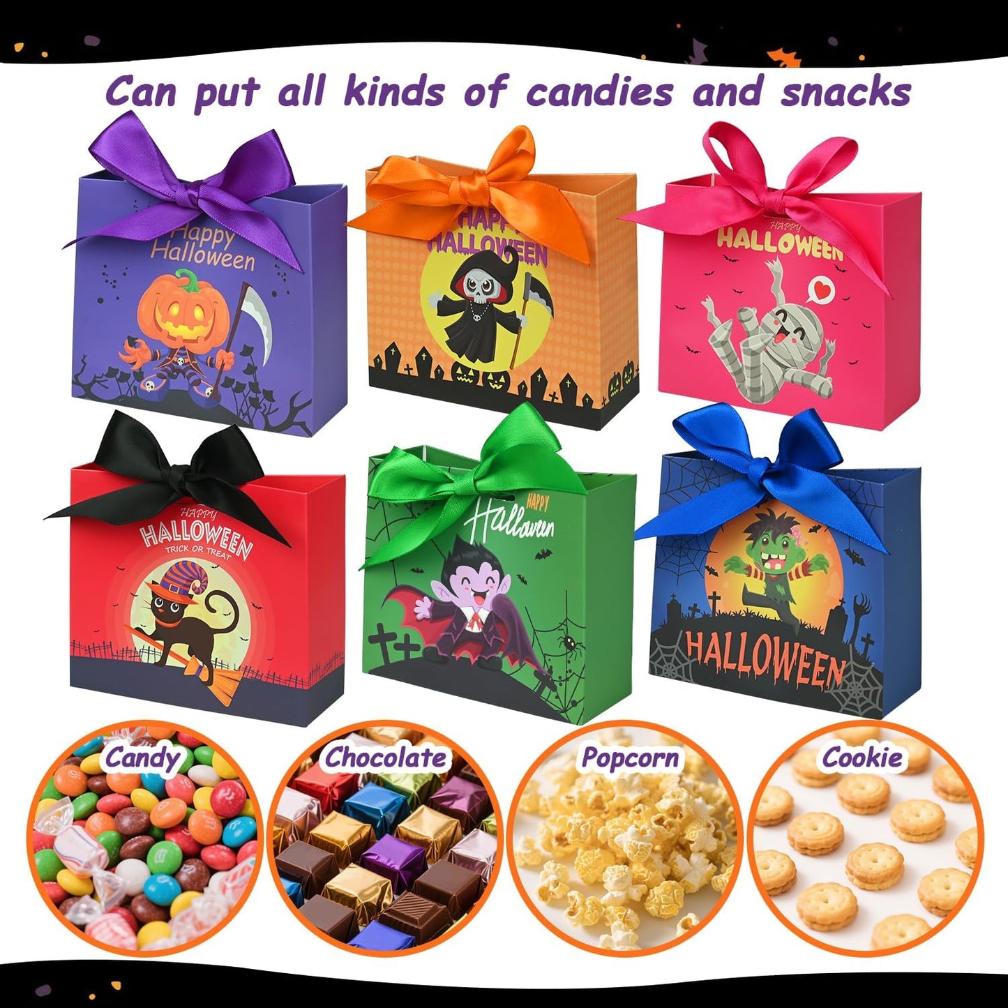 24PCS Halloween Goodies Bags, Trick or Treat Candy Gift Paper Bags Bulk with Ribbons, Halloween Treat Boxes for Kid, Party Favor, Classroom Exchange, Home Decoration 4.5 x 3.9 x 1.7 Inches