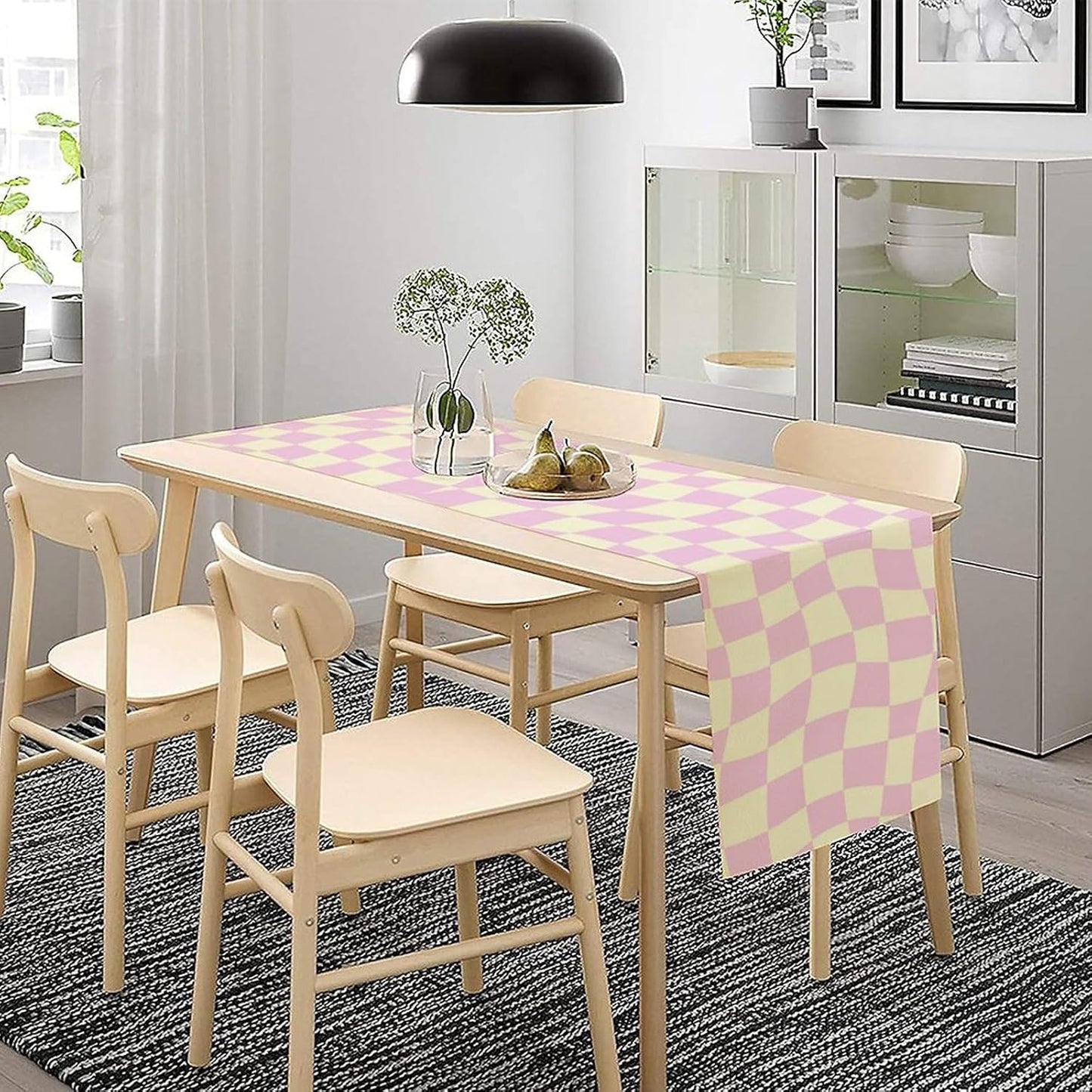 Hippie Table Runner Retro Geometric Square Purple Grid 60s70s Style Kitchen Restaurant Decoration for Indoor and Outdoor Wedding Party Table Runner 13x70 Inch