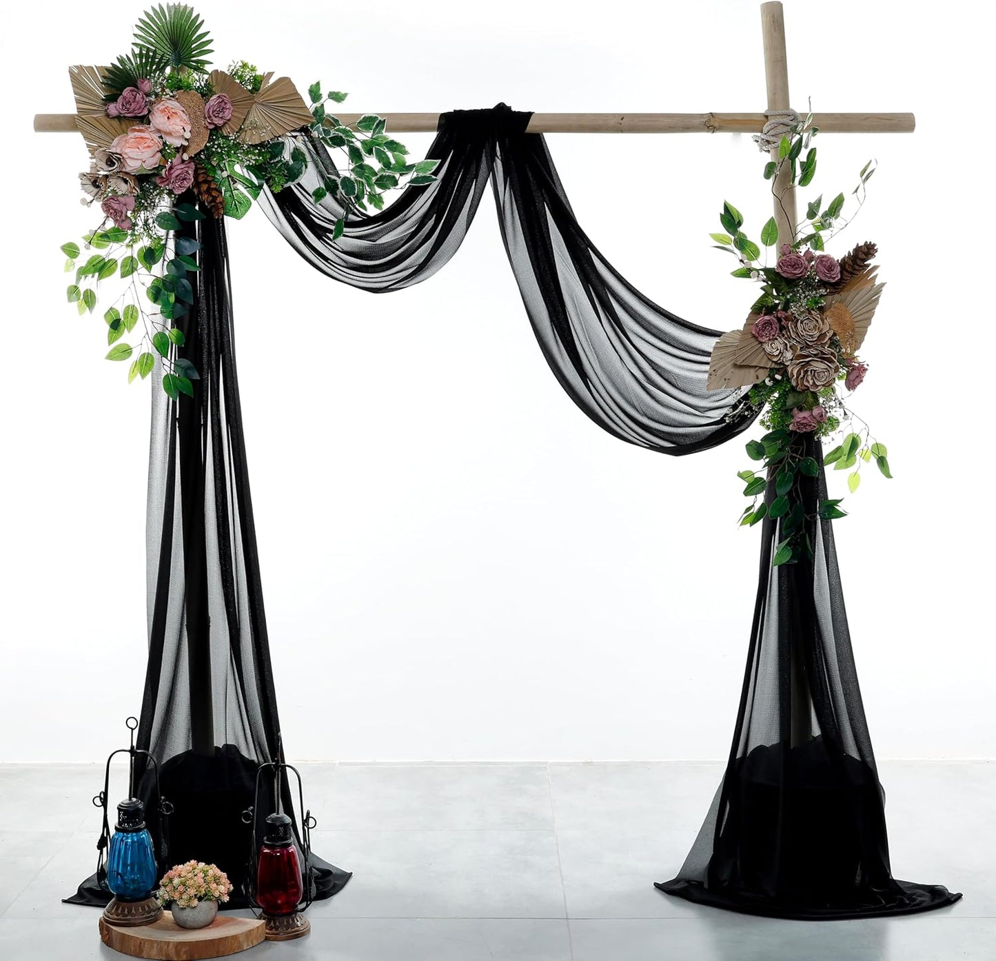 VDS Pack of 2 Panel (30 Inch X 20 Feet) Wedding Arch Draping Fabric Sheer Chiffon Fabric Drapery for Wedding Ceremony Reception Swag Backdrop Canopy Chuppah ARBO Altars Decoration (Black)
