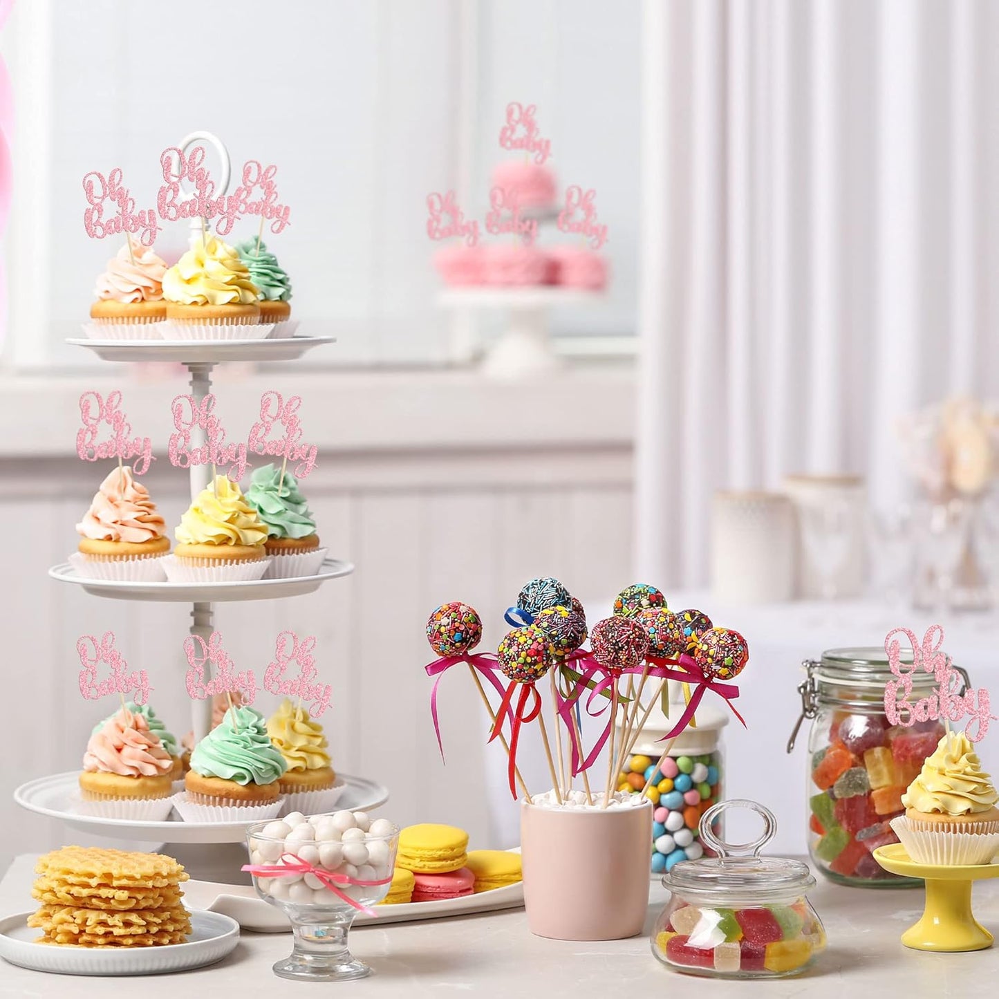 Gyufise 36 Pack Pink Glitter Oh Baby Cupcake Topper Picks for Baby Shower Party Cake Decorations Party Supplies