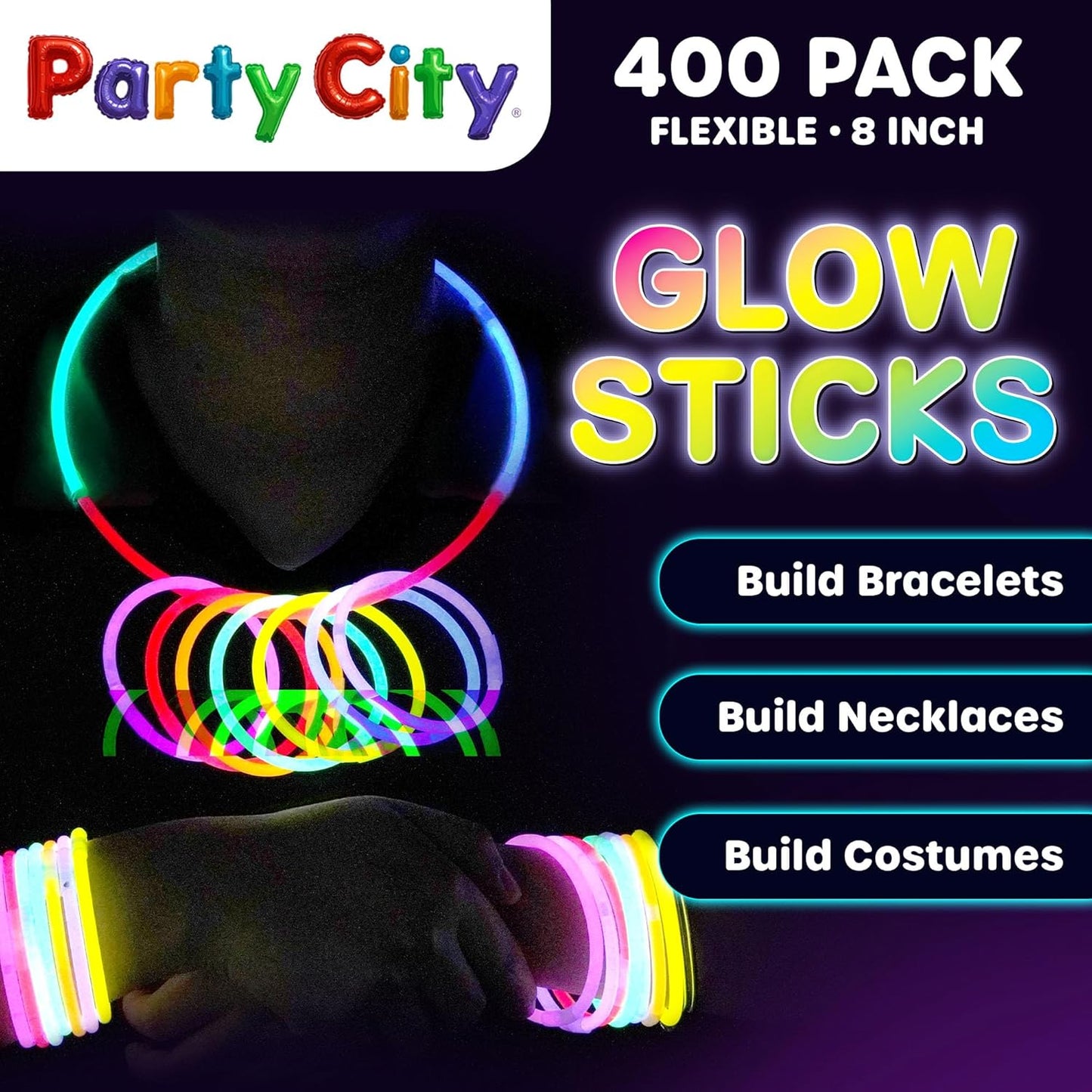 Party City 400 Glow Sticks Bulk Party Pack 8”– Neon Glow in the Dark Party Supplies, Glowsticks with Connectors Bracelets & Necklaces, Light Up Favors for Kids, Adults, Birthdays, Parties, Decorations