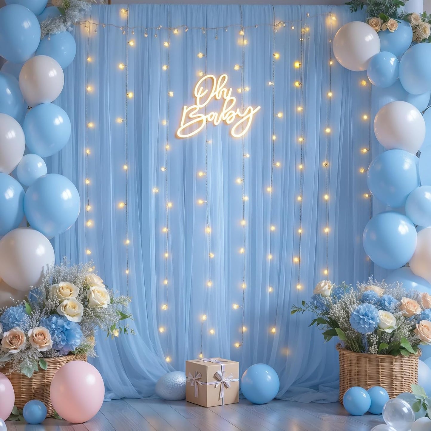 10x8ft Baby Blue Tulle Backdrop Curtains with Lights for Party Wedding Baby Shower, Sheer Drape Backdrop Curtains for Birthday Party Photo Booth Background Decoration