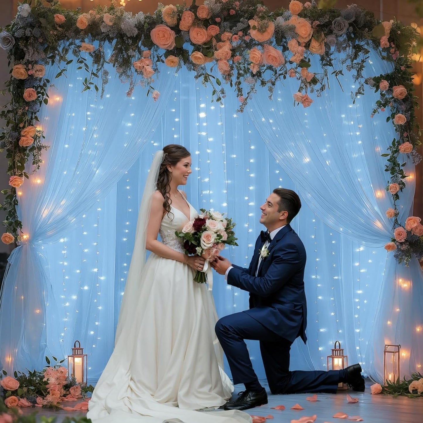 20x10ft Baby Blue Tulle Backdrop Curtains with Lights for Party Wedding Baby Shower, Sheer Wrinkle Free Backdrop Curtains for Birthday Party Photo Booth Background Decoration