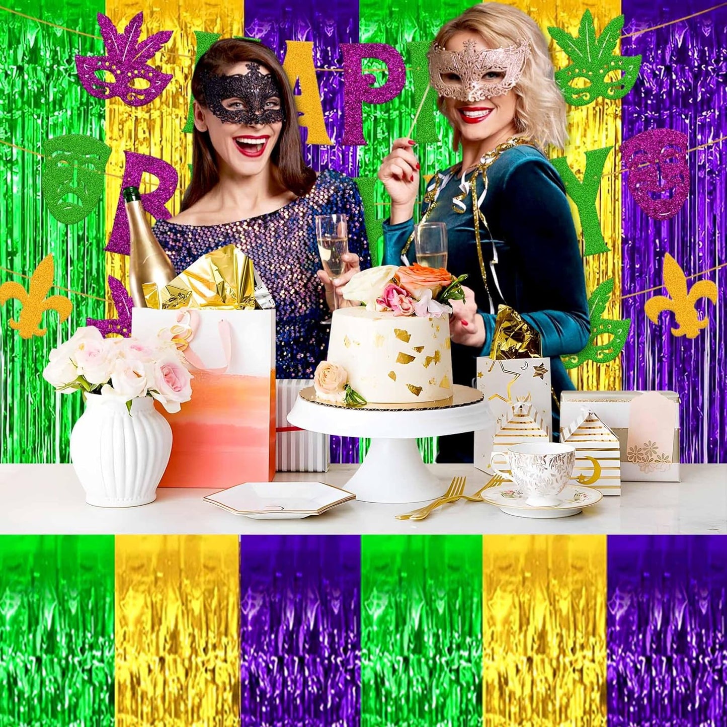 3 Pack Gold Green Purple Foil Fringe Table Skirts Metallic Tinsel Streamers Garland Banner Backdrop for Table Decor, Parade Float, Birthday, Wedding, Halloween, Christmas Party Decorations(29x108 In)