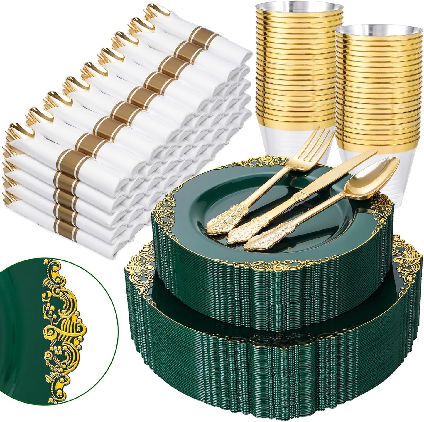 Nervure 350PCS Green Plastic Plates - Green Gold Plastic Dinnerware Sets for 50 Guests - 100 Disposable Plates, 150 Gold Silverware, 50 Cups, 50 Napkins for Wedding & Party & Christmas