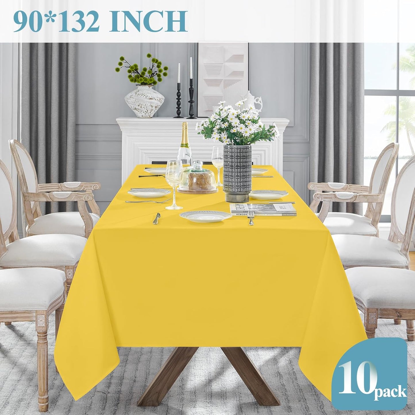 VidaFete Tablecloth 10 Pack 90 * 132inch Rectangle Table Cloth Polyester, Stain Wrinkle Resistant Polyester Dining Table Cover for Kitchen Dinning Party Wedding Rectangular Buffet Decoration(Yellow)