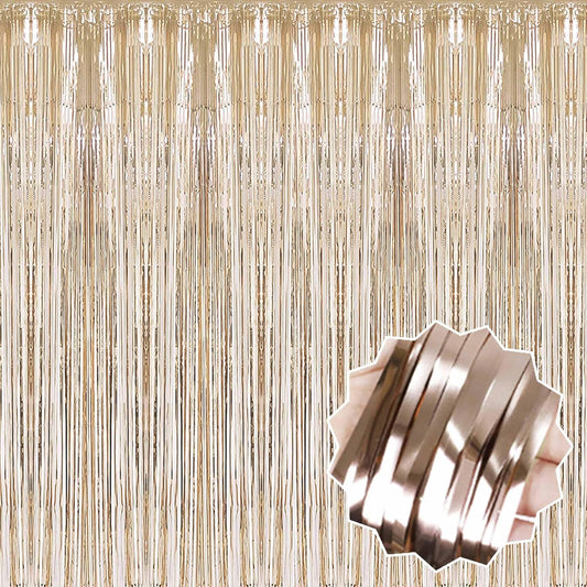 3 Pack Champagne Gold Foil Fringe Curtains Backdrop, 3.28 x 9.8 Ft Metallic Streamers Tinsel Curtains Background for Photo Booth, Birthday, Halloween, Christmas, New Year Party Decorations