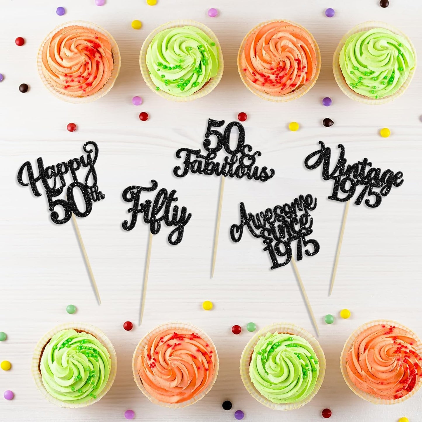 30Pcs Happy 50th Birthday Cupcake Toppers Glitter Fifty Vintage 1975 Cupcake Picks Cheers to 50 Fabulous Cake Decorations for 50th Birthday Wedding Anniversary Party Supplies Black