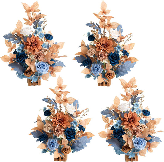 Ling's Moment 17.5" Tall Standing Artificial Flowers Arrangements 4pcs Fall Wedding Aisle Runner Chair Decorations Russet Orange & Denim Blue Centerpieces for Ceremony Reception Floral Party Outdoor