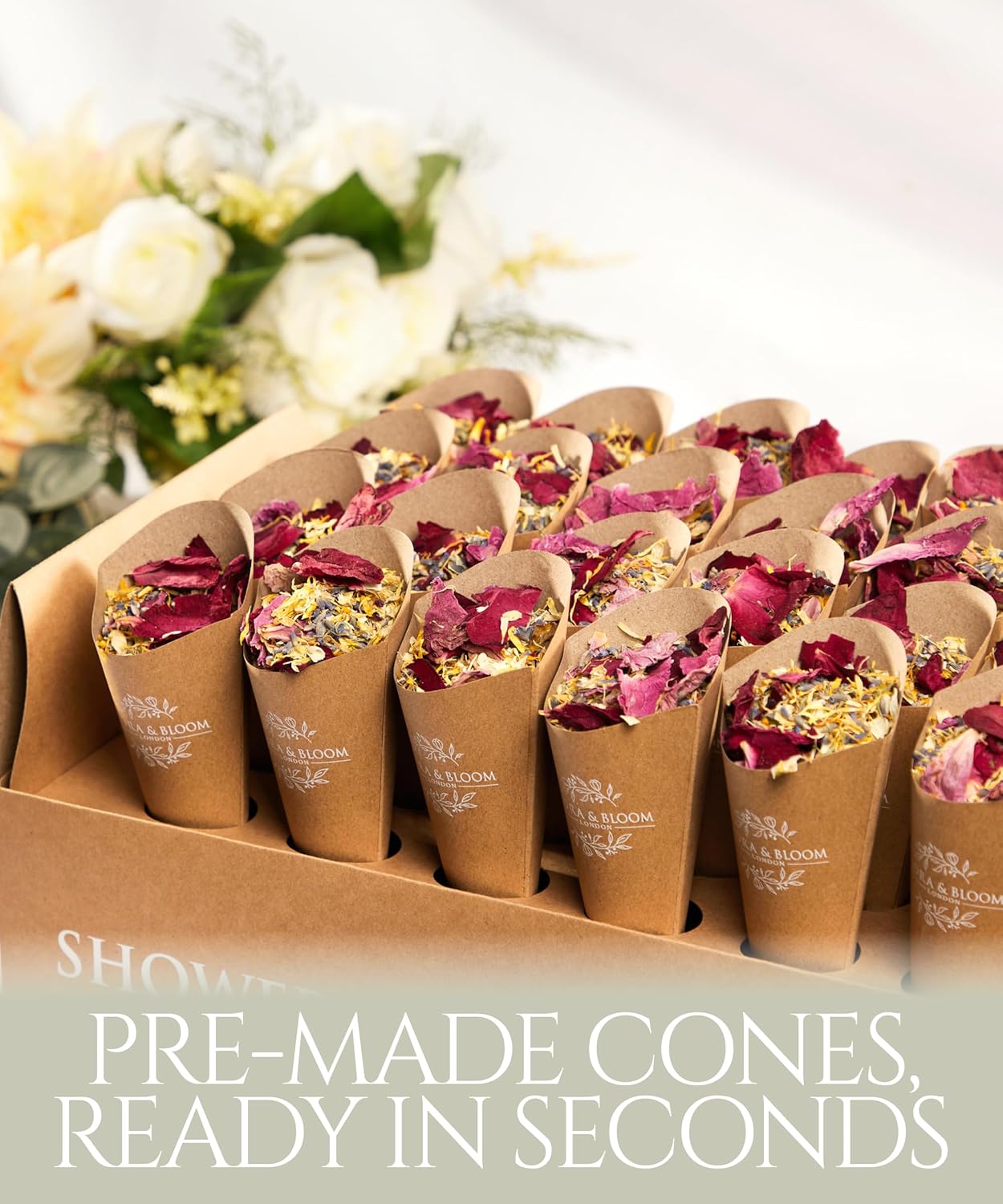 Flora & Bloom Biodegradable Confetti With Pre Built Cones | Dried Flowers (3Litres) | Wedding Confetti Kit | Pop Open Cones & Tray |Jasmine, Lavender & Rose Petals | Wedding Decorations (24 Guests)