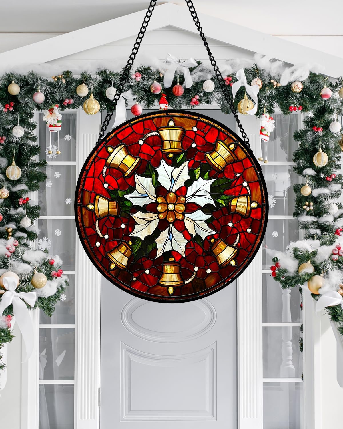 Stained Glass Window Hanging - Golden Bells Flowers Suncatcher for Doors Home Christmas Decoration Winter Sun Catcher Thanksgiving New Year Birthday Gift for Friend Women Men Mom Nana 15 in