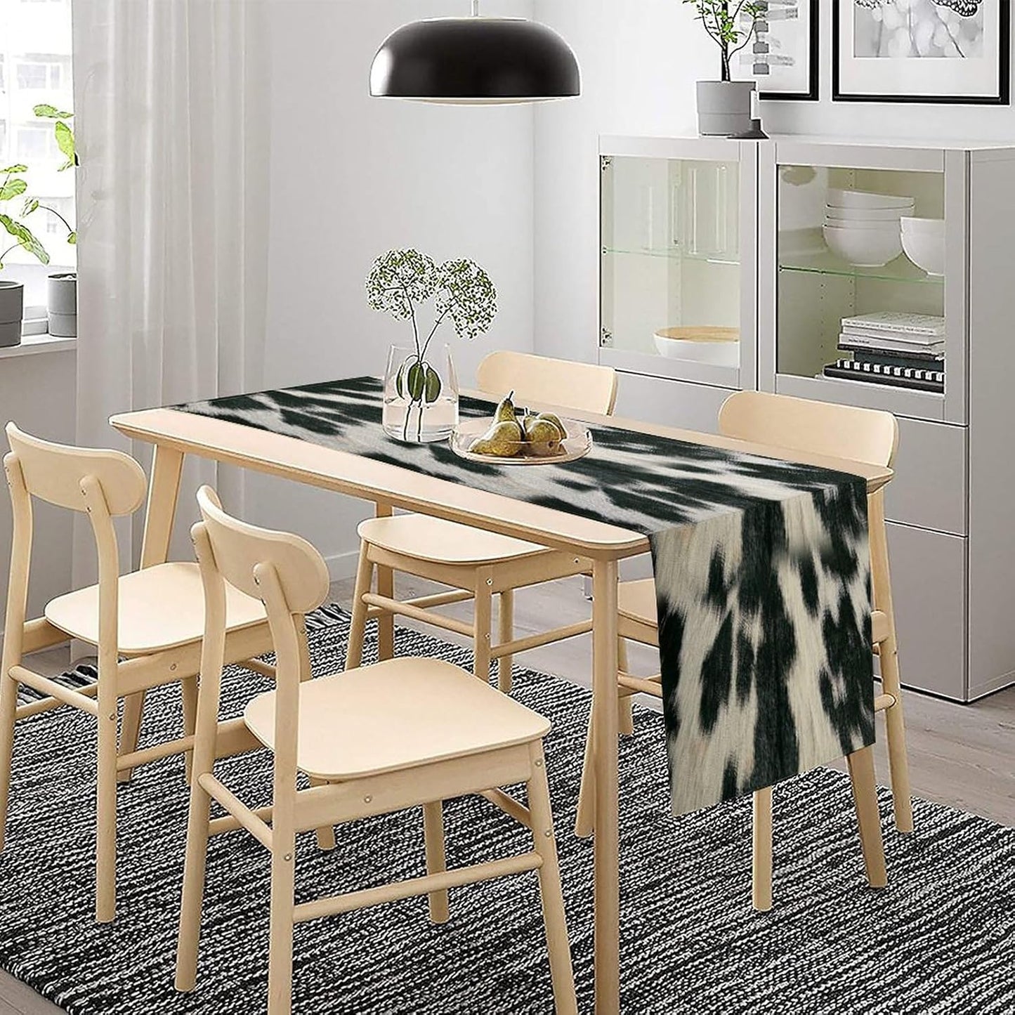 Rustic Cow Skin Print Table Runner, Country Farm Animal Fur Skin Pattern Western Style Brown Cowhide Print Cotton Linen Cottage Dinner Runner for Home Kitchen Dining, 13x60 Inch