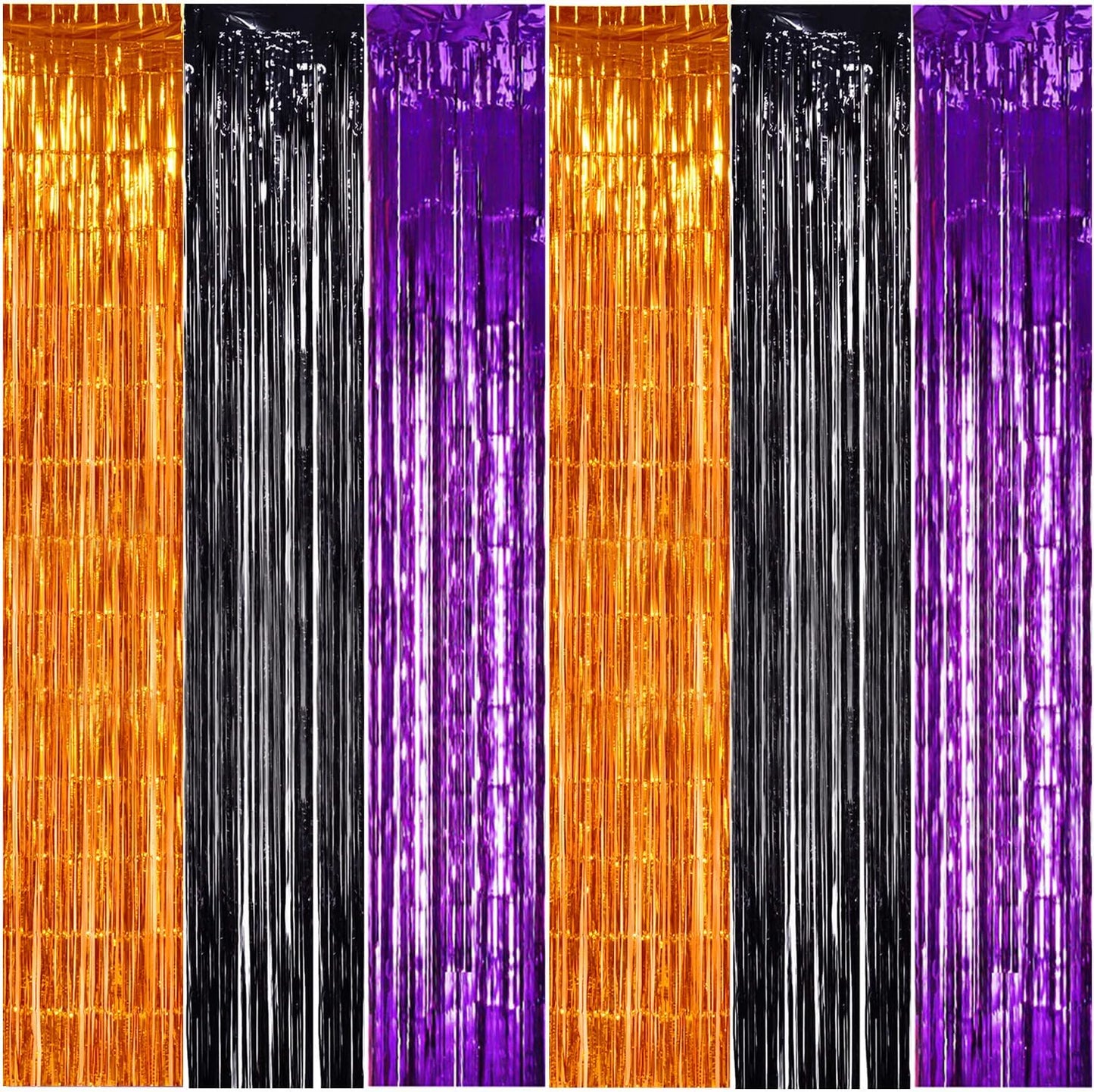 TONIFUL 2Pcs Orange Purple Black Metallic Tinsel Foil Fringe Curtains,3.28ft x 6.56ft Halloween Photo Booth Backdrop Streamer,Photo Props,for Party Door Wall Curtains Wedding Birthday(9.9ft x 6.6ft)