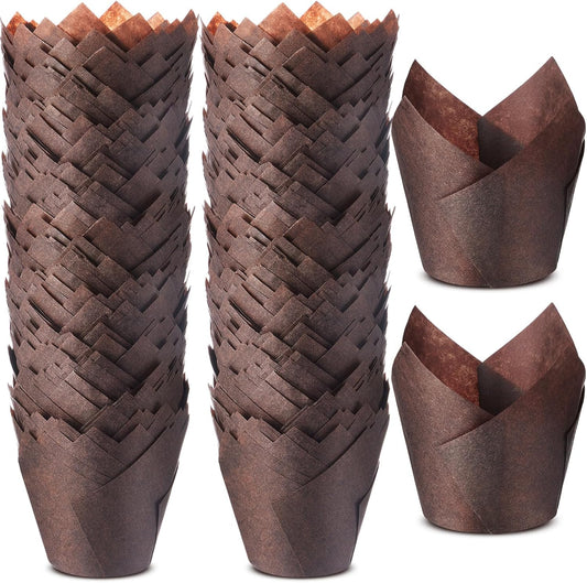 300 Pcs Jumbo Muffin Liners for Baking 2-1/4" x 4" Large Tulip Cupcake Liners Greaseproof Cupcake Wrapper Paper for Weddings Birthday Christmas Anniversaries Party (Brown)