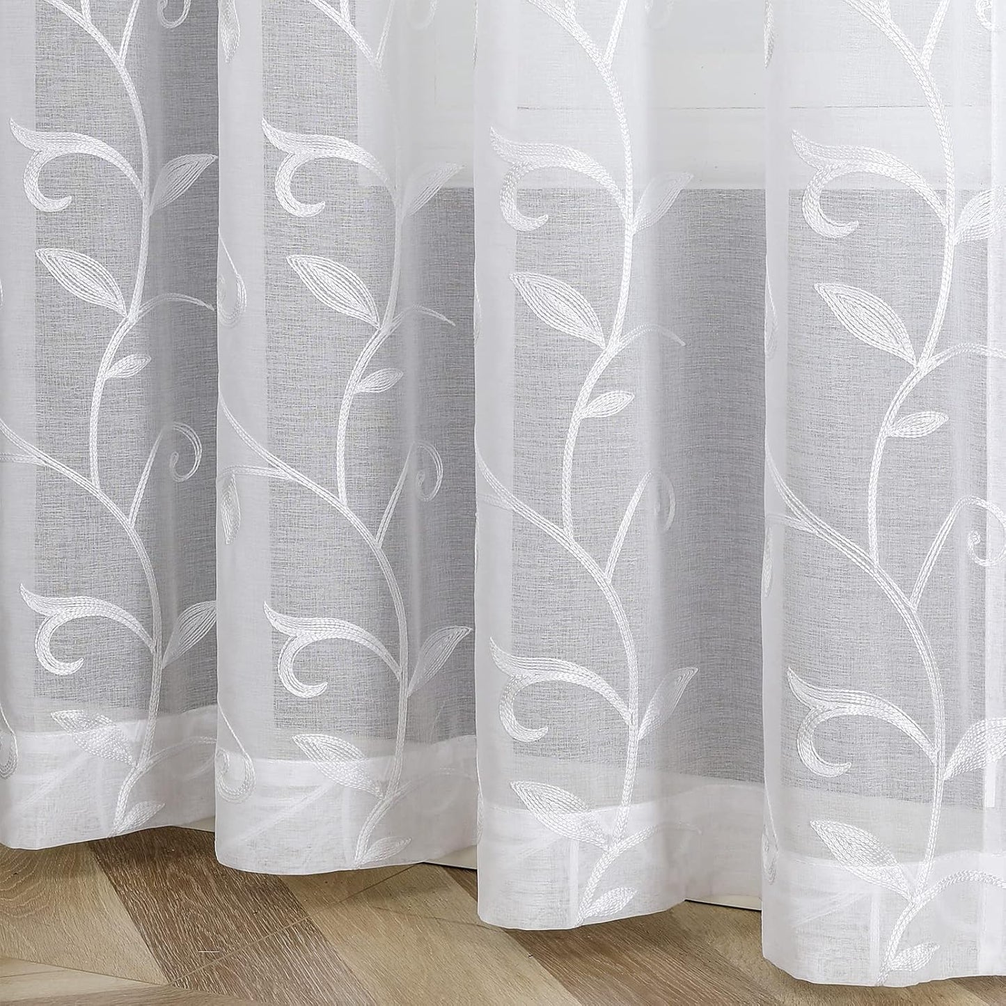 VISIONTEX White Sheer Voile Curtains, Decorative White Embroidery Faux Linen Rod Pocket Window Drapes for Home Kitchen, Living Room and Bedroom 54 x 108 Inch, Set of 2 Curtain Panels