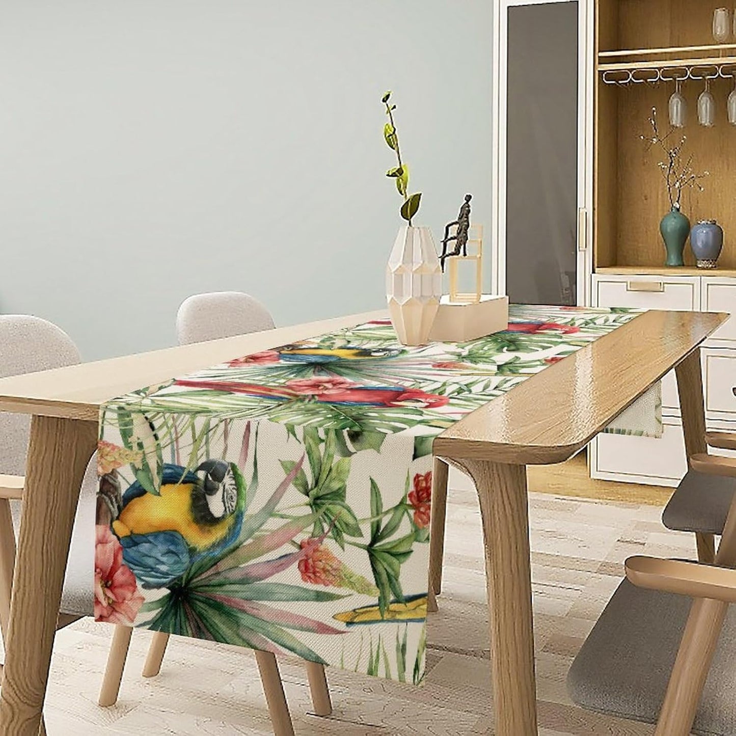 Parrot Table Runner,Tropical Palm Leaf Colorful Macaw Bird Watercolor Print Tablecloth Burlap for Hotel Indoors Outdoor Dining Room Kitchen Home Decor,W13X L36 in