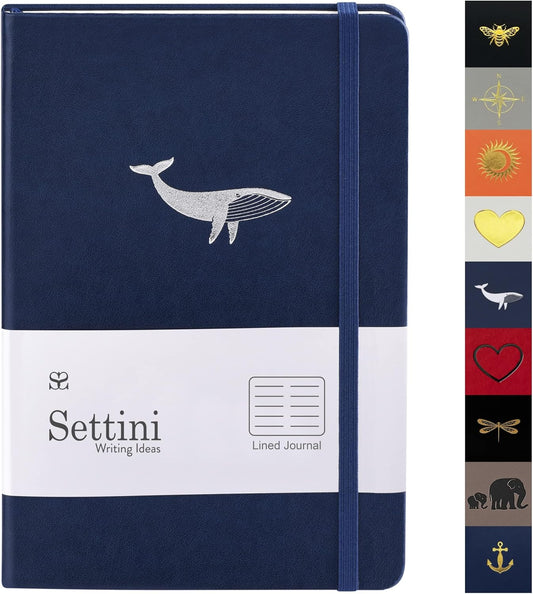 SETTINI Lined Journal, Ideal for Journaling - A5 Vegan Leather Notebook, 192 Archival-Quality Pages, QuillEase Bleed-Free Paper, Inner Pocket & Bookmark - Whale Gifts for Women & Men, Navy Whale