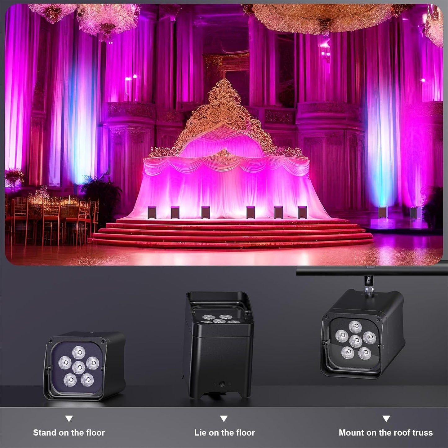 9600mAh Wireless Uplights, 6x18W RGBWA UV Rechargeable Stage Lights, APP/DMX512/Remote Controlled Par Lights, Battery Powered Uplights for Show, Party, Festival, Event, 2 Pack
