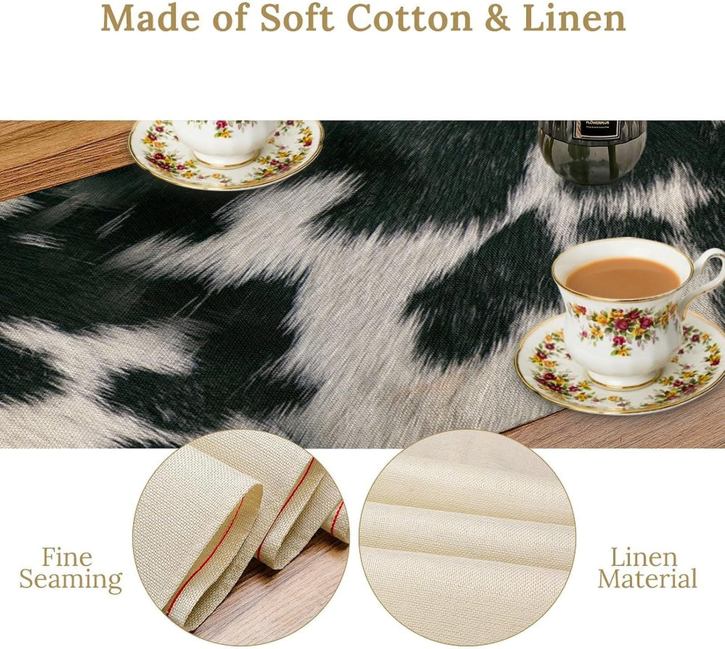 Cow Skin Print Table Runner, Rustic Country Farm Fur Skin Cowhide Pattern Western Style Black White Print Table Runner for Home Kitchen Dinning, 13x70 Inch