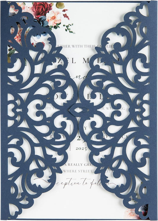 20Pcs Navy Blue Laser Cut Invitation Cards With Blank Inner Sheets for Wedding Cards Bridal Shower Engagement Quinceanera Invitation (No Envelopes)