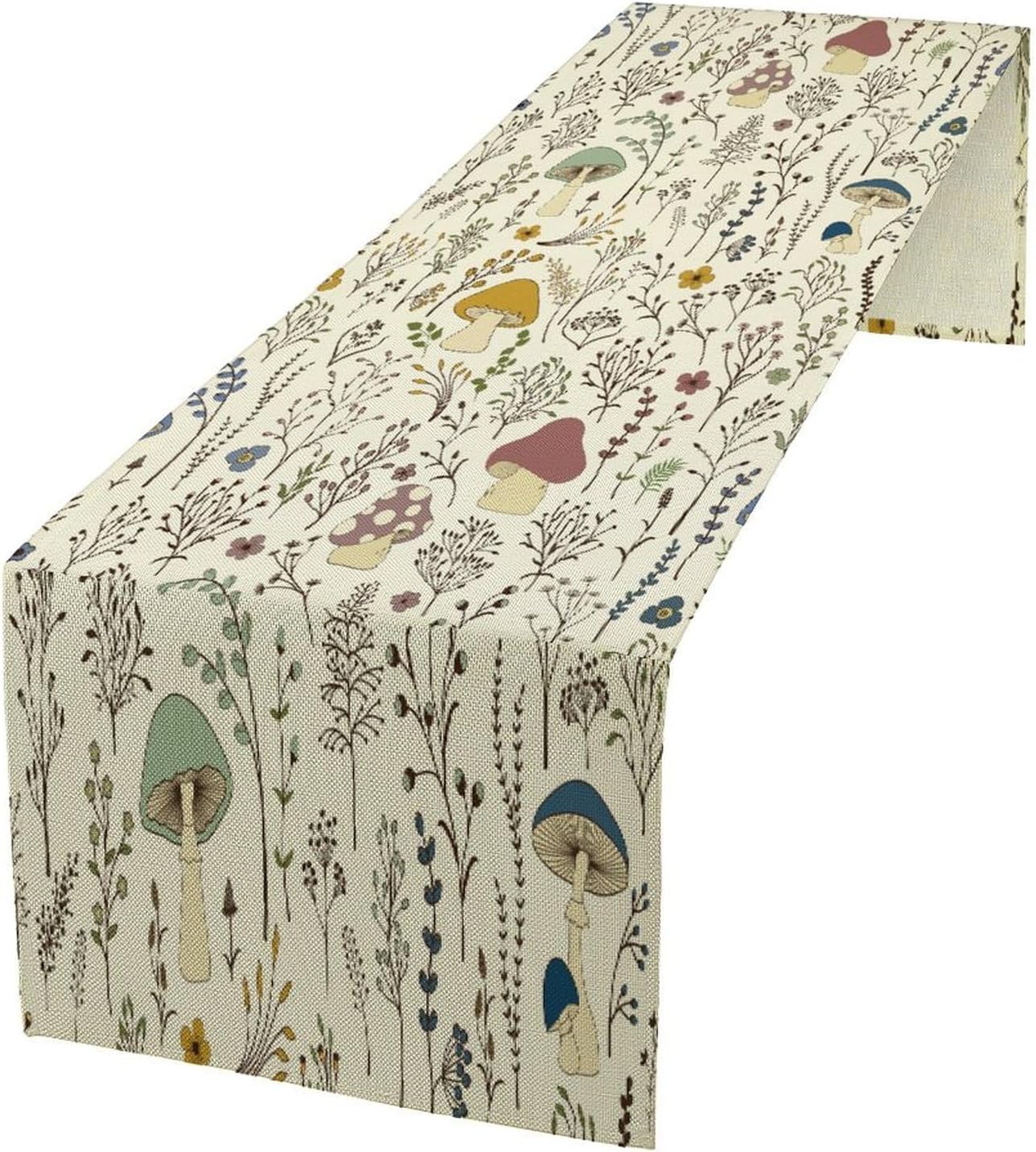 Mushroom Table Runner,Colorful Wild Plants and Fungus Botanical Plants Pattern Print Burlap for Hotel Indoors Outdoor Dining Room Kitchen Holiday Party, 13x80in