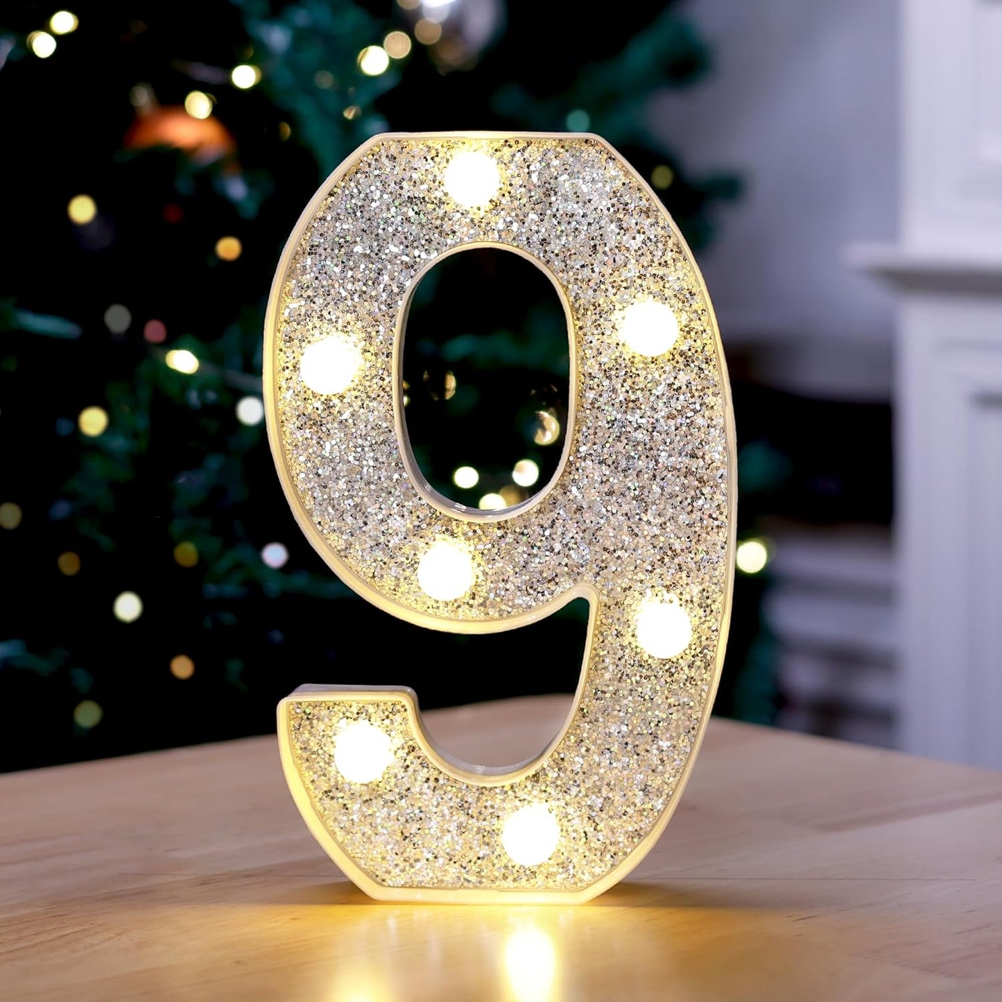 Marquee Light Up Letters, Glitter Silver LED Letter Lights Battery Powered Alphabet Letter Sign for Night Light Wedding Birthday Party Cafe Bar Decoration Girls Room Decor - Number 9