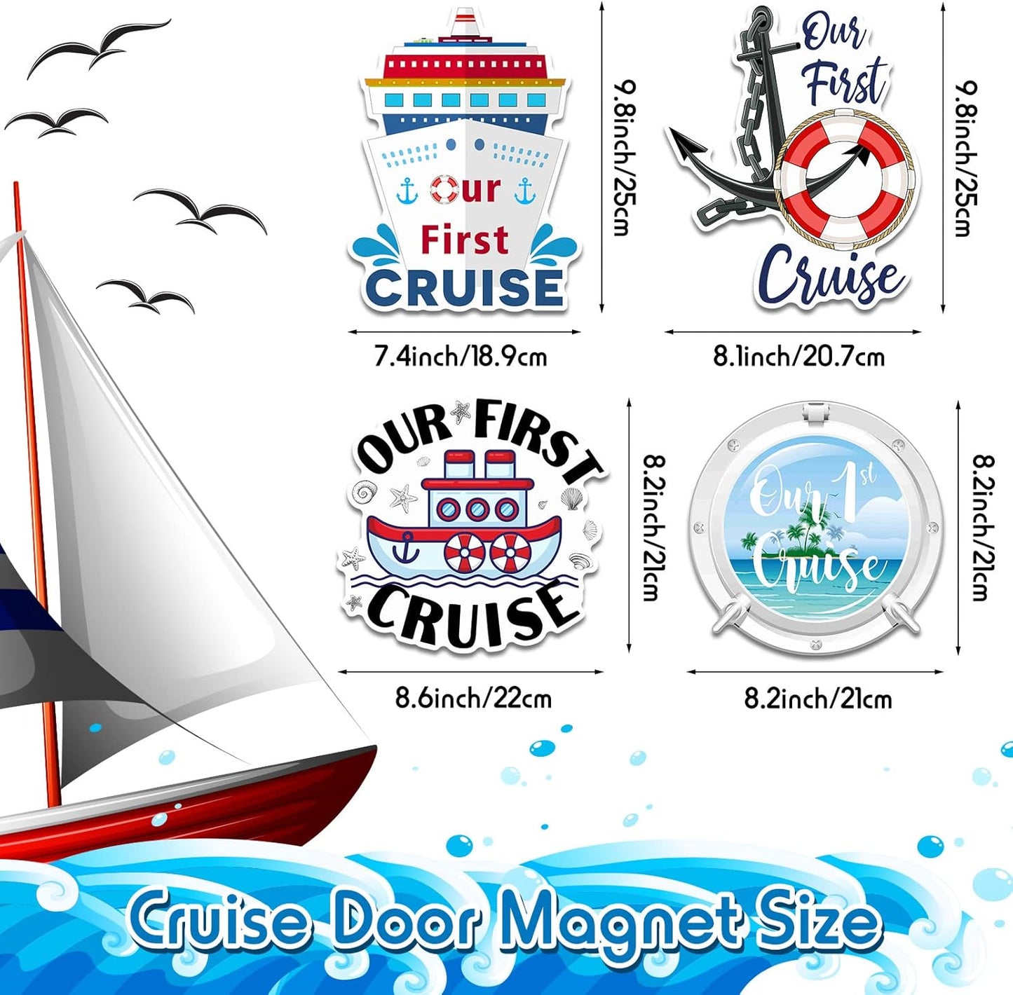 Hoteam 4 Pcs Our First Cruise Door Decorations Magnetic Large First Cruise Ship Door Magnets Funny Waterproof Nautical Magnets for Carnival Cabin Stateroom Fridge Car