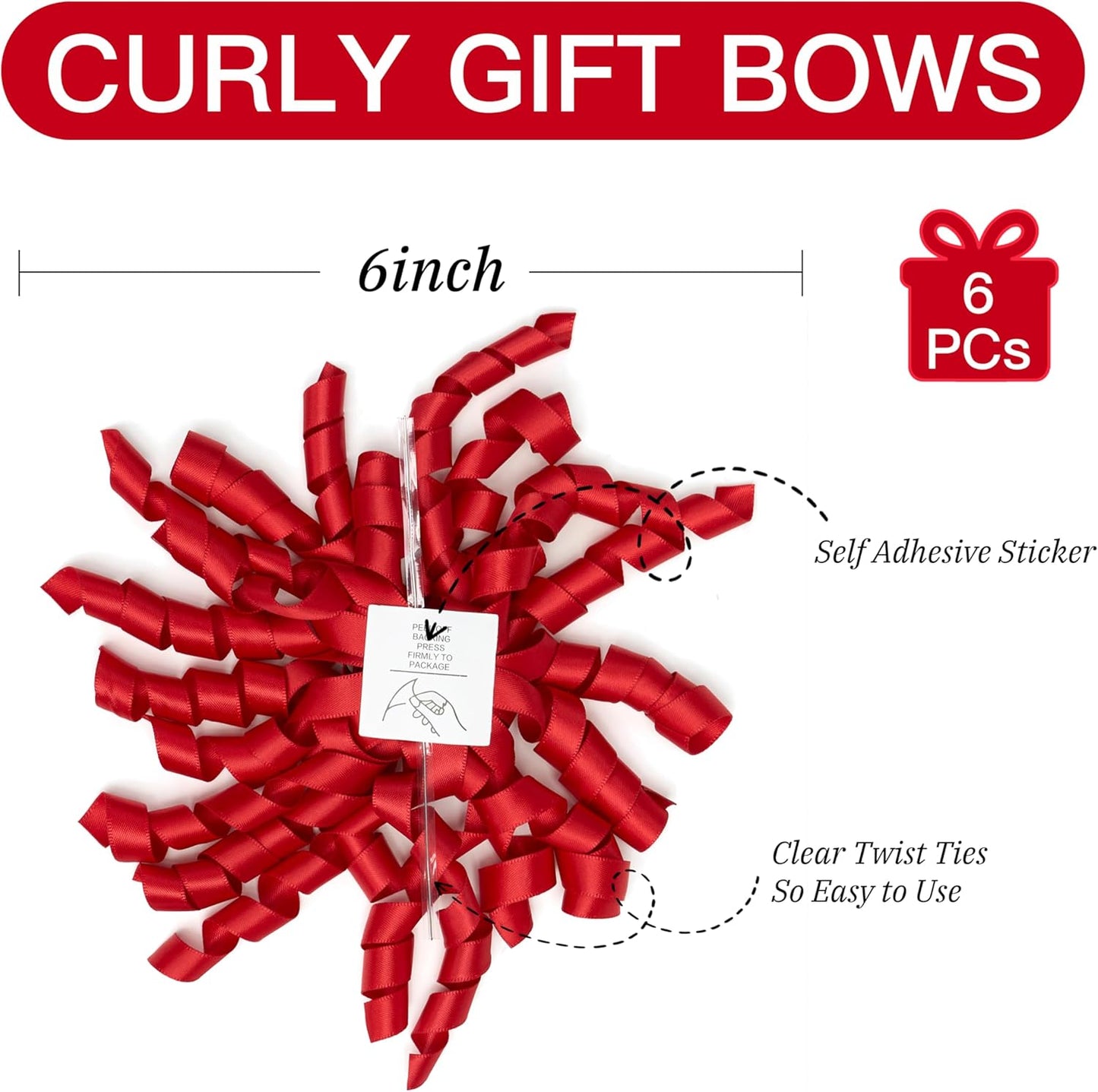 6 Inch Red Curly Bows for Gift Wrapping Set of 6, Self Adhesive Bows Red Gift Bows for Presents, Satin Ribbon Bows for Birthday, Wedding, Christmas, Bridal Shower, Gift Wrap Accessory