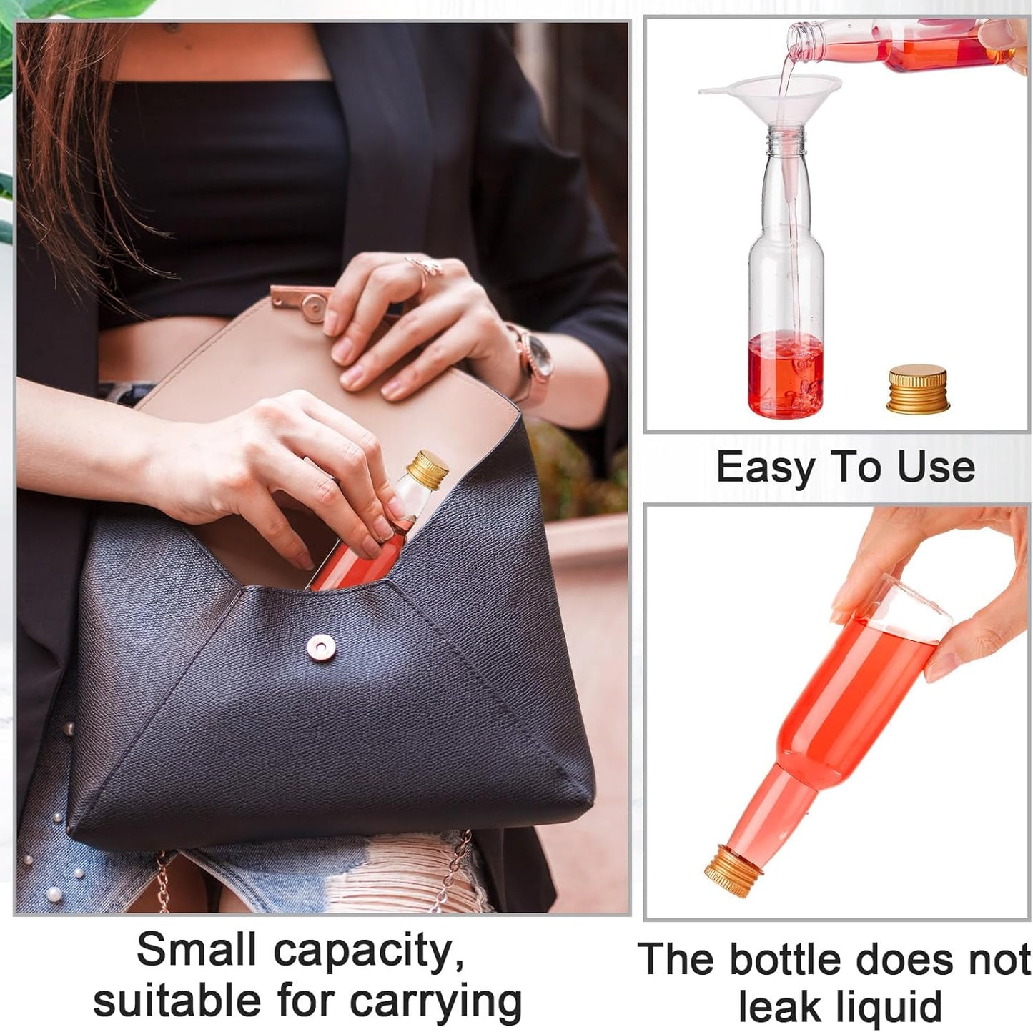 120 Pcs Mini Liquor Bottles Airtight Shot Miniature Empty Plastic Alcohol Spirit Shot Bottles with Funnels for Party Favors, Weddings(3.3 oz,Gold)